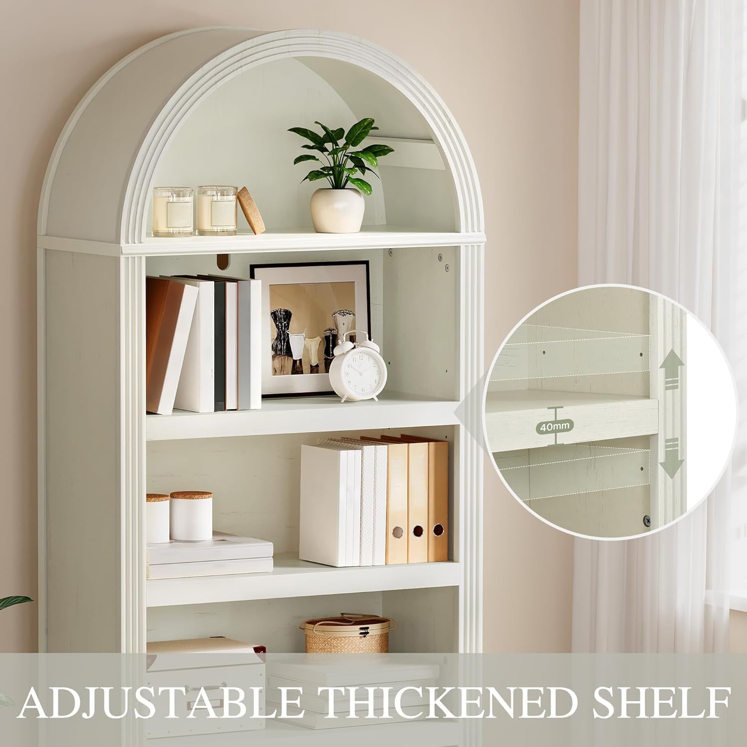 YITAHOME Vintage 68.5' Tall Arched Bookshelf, Tall Bookcase 5 Tiers Arched Bookcase with Storage, White Bookshelf Display Storage Rack with Adjustable Shelves for Living Room, Office, Antique White