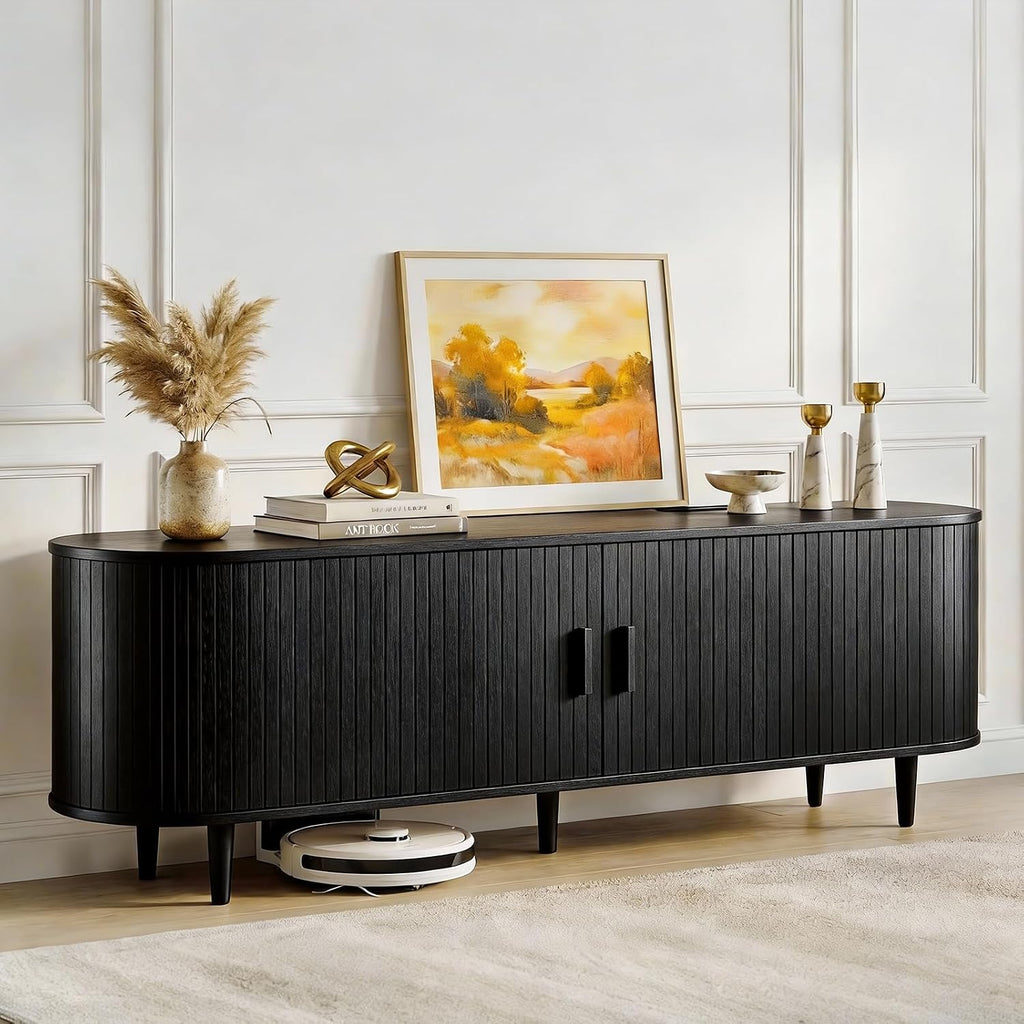 MXV 65' Mid-Century Modern TV Stand with Sliding Doors, TV Consoles with Power Outlet, Fluted Entertainment Center with Adjustable Shelves, for Living Room