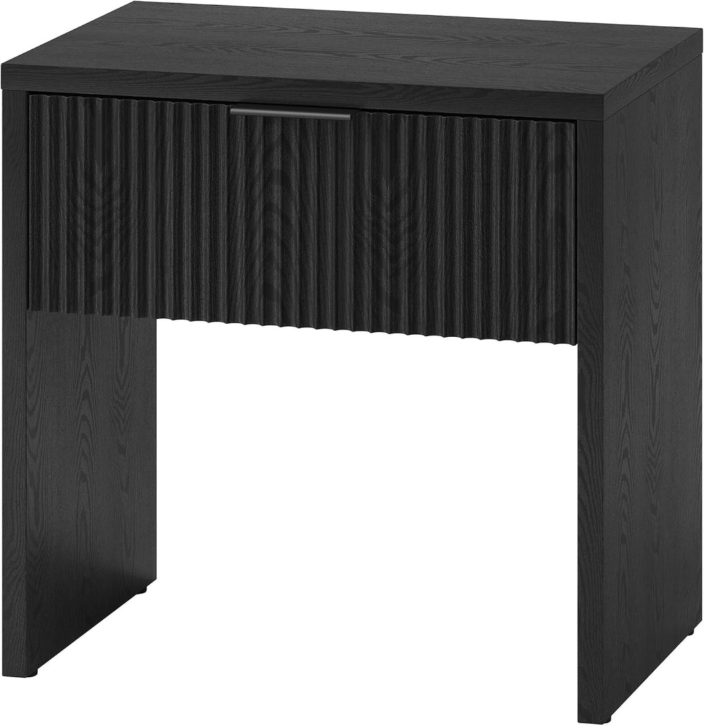 Henn&Hart 24' Fluted Modern Wooden Nightstand, Ribbed Side Table with Storage Drawer and Open Storage Space for Bedroom, Living Room, or Home Office, Natural Black