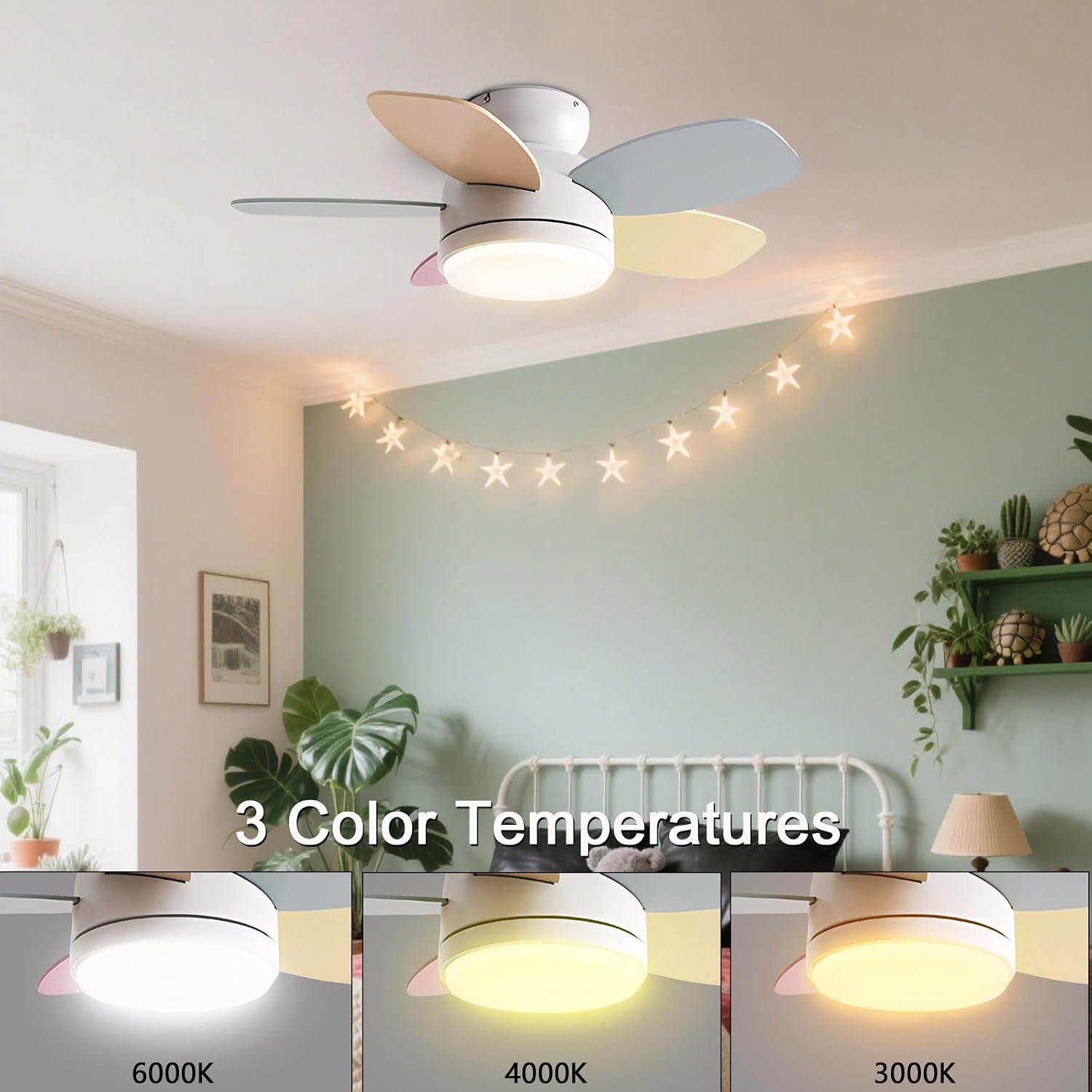 Flush Mount Ceiling Fan with Light 6 Speed Quiet Colorful Ceiling Fans Remote LED Ceiling Lights Fan Lighting Timing Reversible Fan Light for Bedroom Kids Room Lounge