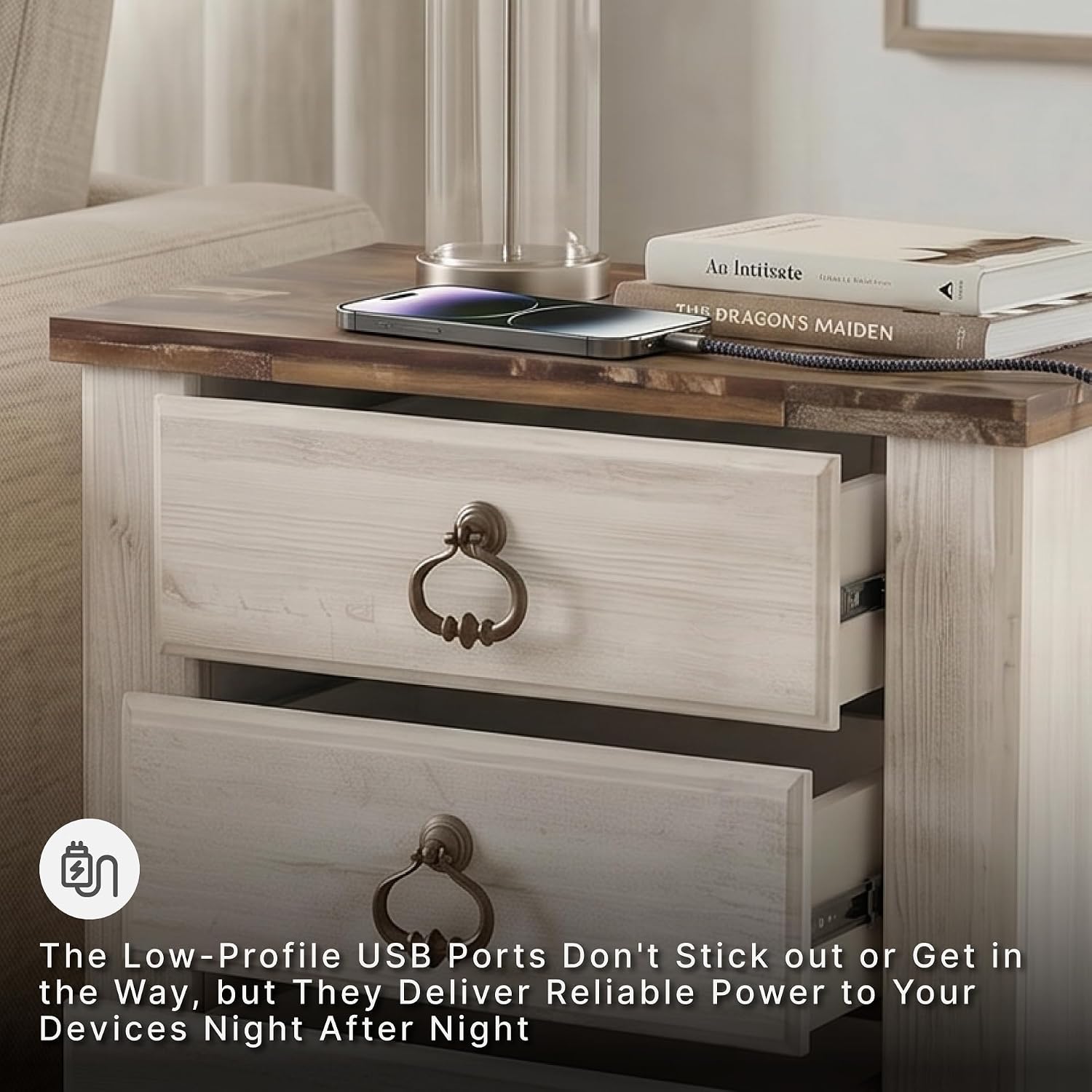 Signature Design by Ashley Willowton Farmhouse 2 Drawer Nightstand with USB Charging Ports, 25.67' Tall, Whitewash