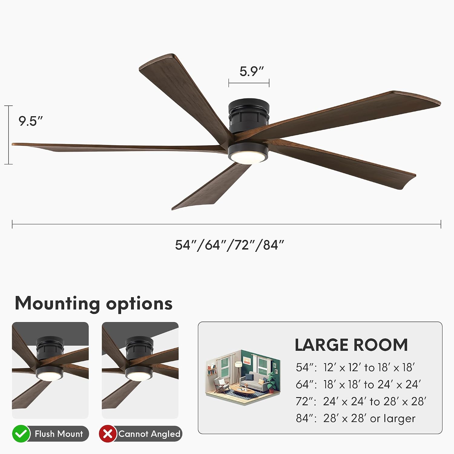 EKIZNSN 84 Inch Outdoor Low Profile Flush Mount Ceiling Fans with Lights and Remote Control for Patios, 6-Gear Speed, 110V Noiseless Reversible DC Motor (Black Finish with Walnut Blades)