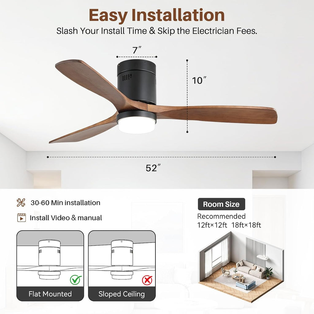 CACI Mall Smart 52 inch Wood Flush Mount Ceiling Fans with Lights and Remote, 3 Blades, Low Profile, Modern, Compatible with Alexa/Google/App, Outdoor Indoor Ceiling Fans for Bedroom/Farmhouse/Patio