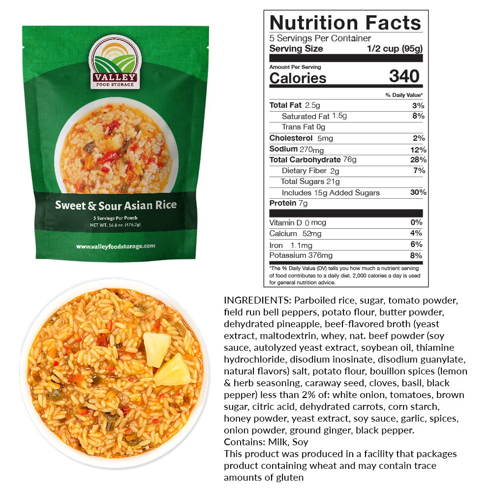 Valley Food Storage Sweet & Sour Asian Rice | 10-Bag Bucket, 50 Servings | Gluten Free Premium Emergency Food Supply, 25 Year Shelf Life | Survival Meal Kits, Prepper Food & Off-Grid Living Supplies