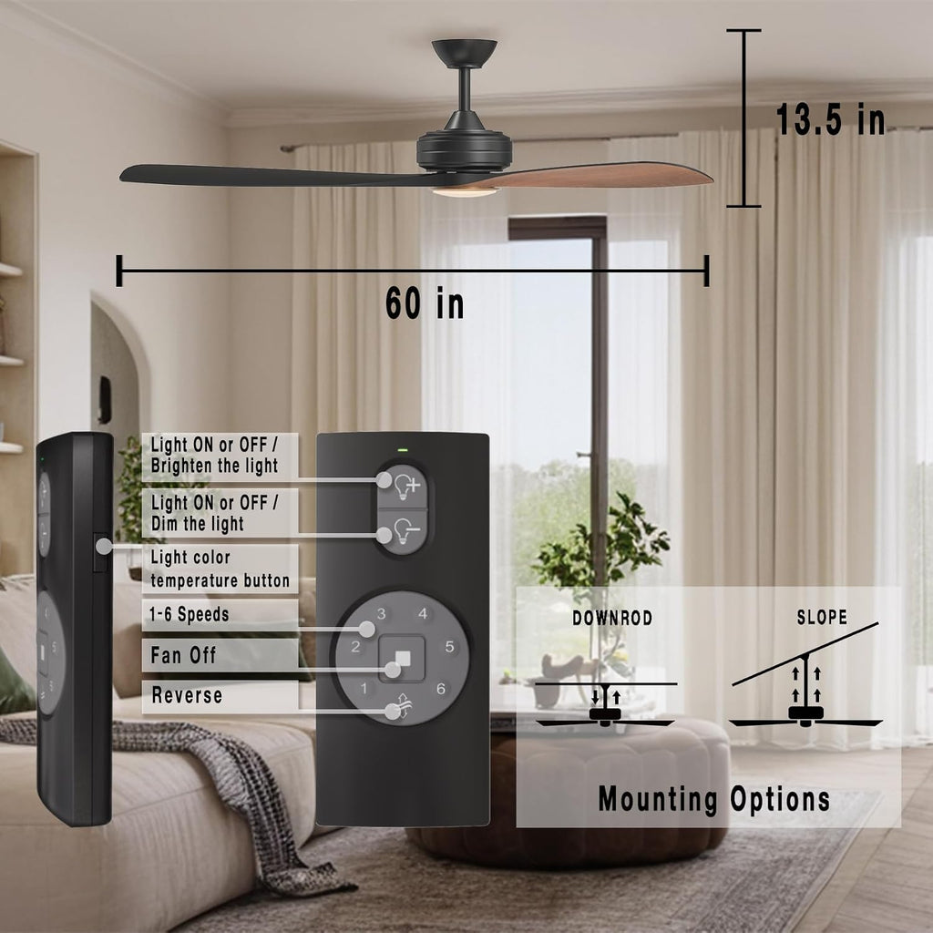 FANX 60 Inch Indoor Outdoor Ceiling Fan with Light, Quiet 6-Speed DC Motor, Dimmable 18W LED 1500 Lumens, Adjustable Color Temperature, Reversible Function, ABS Blades, Remote Control