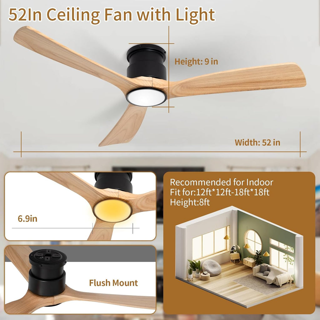 Ceiling Fan with Lights,52 Inch Wood Flush Mount Ceiling Fans with Remote Control,Dimmable Light,3 CCT,6 Speeds,Noiseless,Ceiling Fan for Bedroom,Living Room,Office,Indoor,Natural Wood and Black