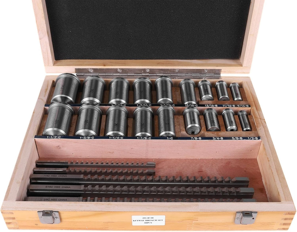 Generic Keyway Broach Kit Metalworking Tool Bushing Spacer Set with 5 Broaches 18 Bushings 7 Shims 30pcs for Metalworking and Manufacturing