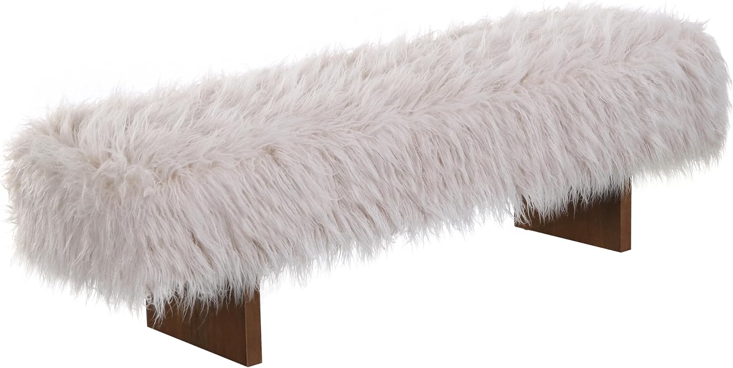 Christopher Knight Home Lenka 67' Long-haired Faux Wool Bedroom Bench, Rubberwood Ottoman Bench, Spacious Seating, Long Footstool for Living Room, Luxury Entryway Bench, Brown+Beige