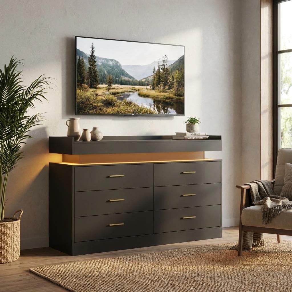 TV Stand Cabinet with LED Lights & Charging Station, Coffee Bar Cabinet Floating Countertop, Modern Sideboard Buffet 6 Drawers for Home, Living Room, Black