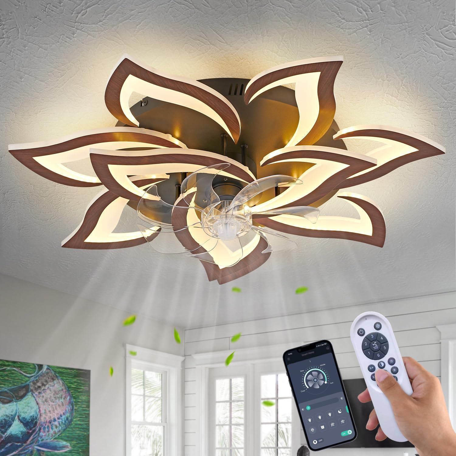 Dalouguan Modern Ceiling Fan with Lights Remote Control, 32' Wood Ceiling Fan with Light, 6 Speeds 3 Light Color Low Profile Flush Mount Ceiling Fan for Kitchen Bedroom