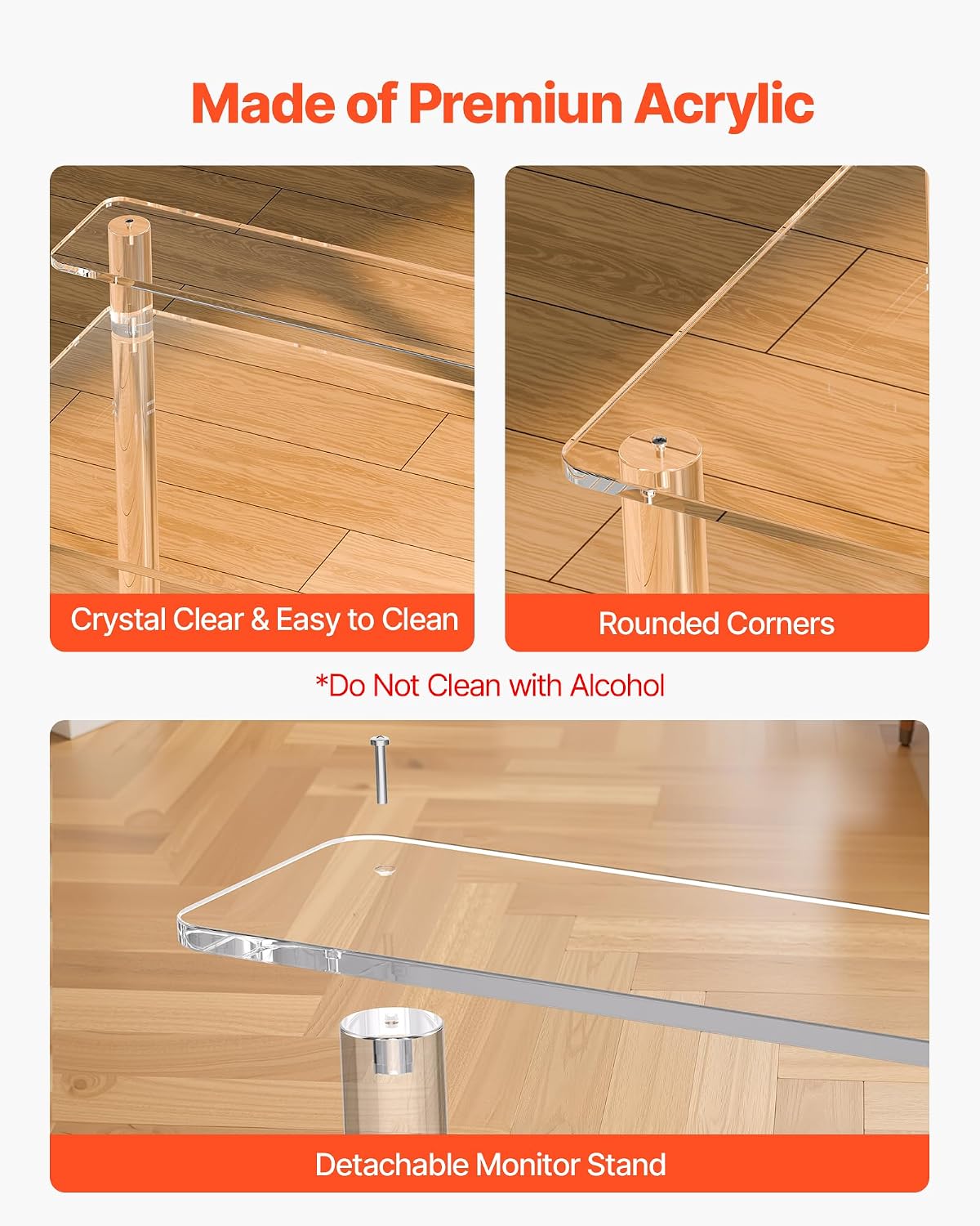 VEVOR Acrylic Desk with Monitor Stand, 2-Tier Clear Table Study Writing Desk, Modern Computer Desk for Home Office, Study, Bedroom Vanity, Living Room, 31.5' W x 19.7'' D x 34.7' H