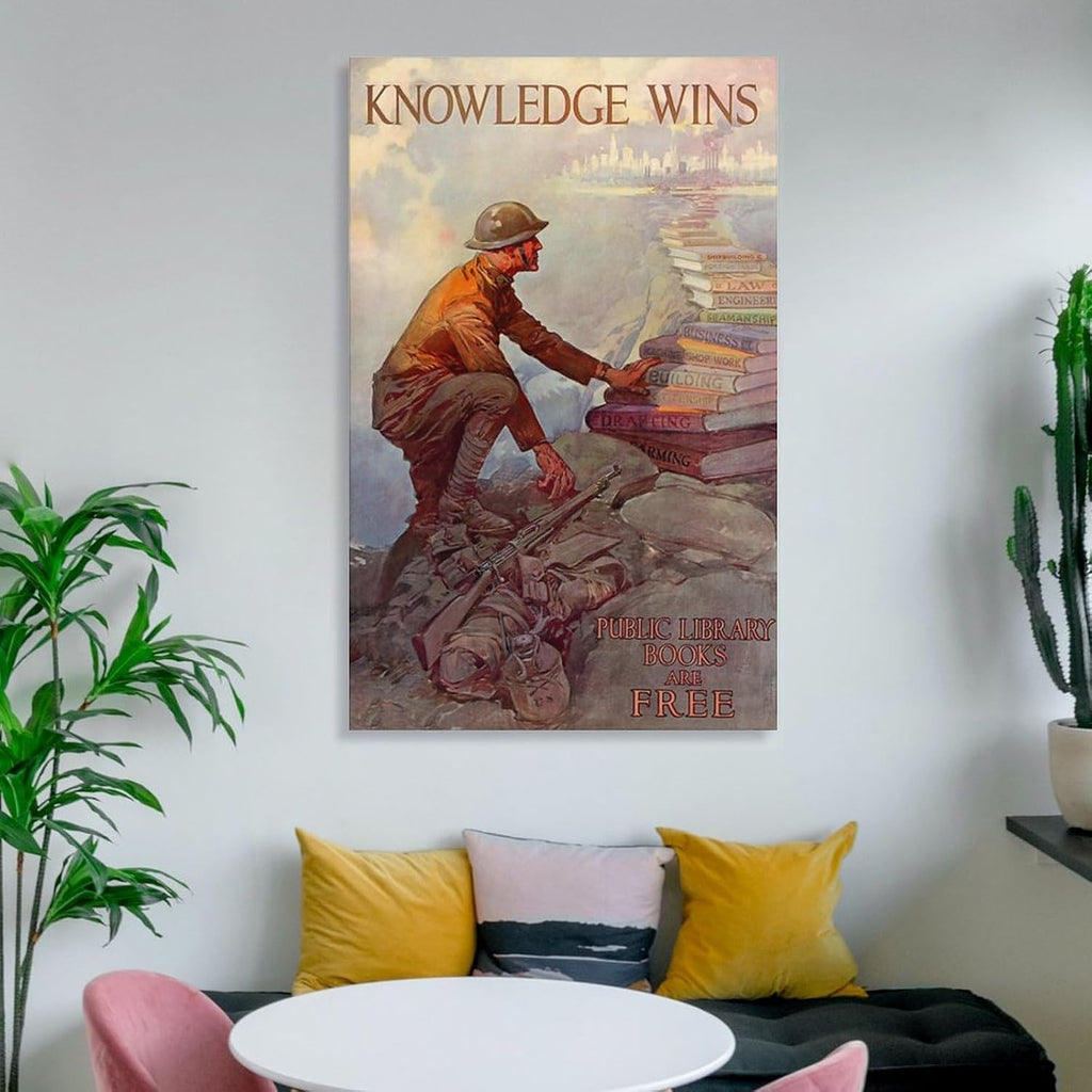 Knowledge Wins - Public Library Books - 1918 - World War I - Propaganda Poster Canvas Printing Wall Decoration Art For Room Aesthetics And Decoration 20x30inch(50x75cm)