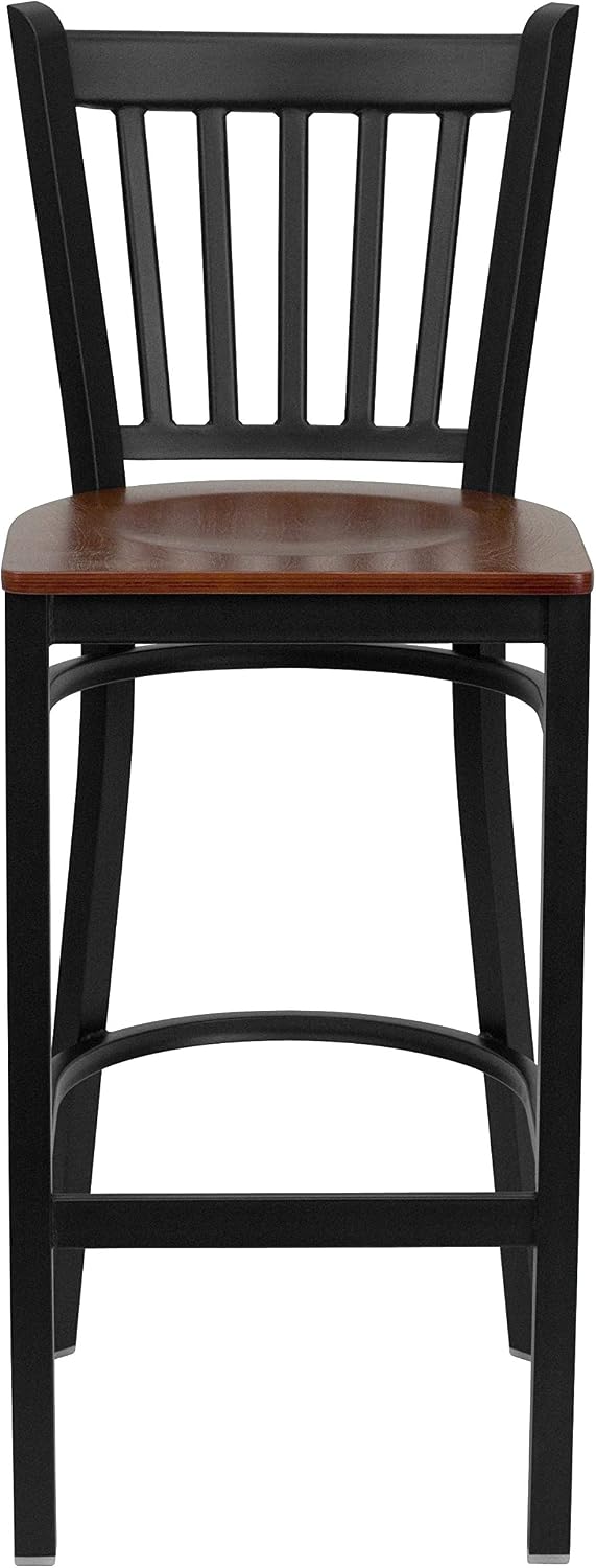 Flash Furniture 2 Pk. HERCULES Series Black Vertical Back Metal Restaurant Barstool - Cherry Wood Seat