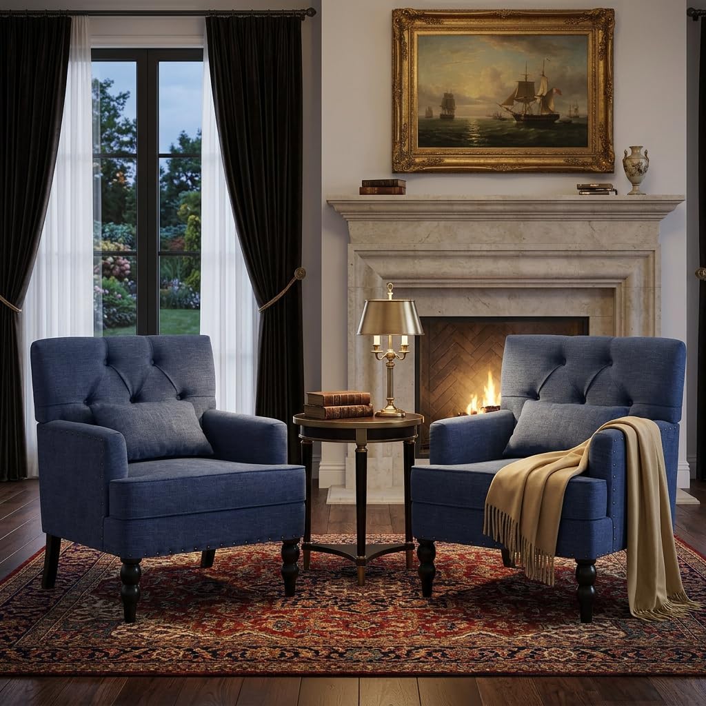 HUIMO Set of 2 Accent Chairs for Living Room, Tufted Upholstered Club Chairs with Lumbar Pillows, Vintage Reading Armchairs with Solid Wood Legs for Bedroom Apartment, Indigo Blue