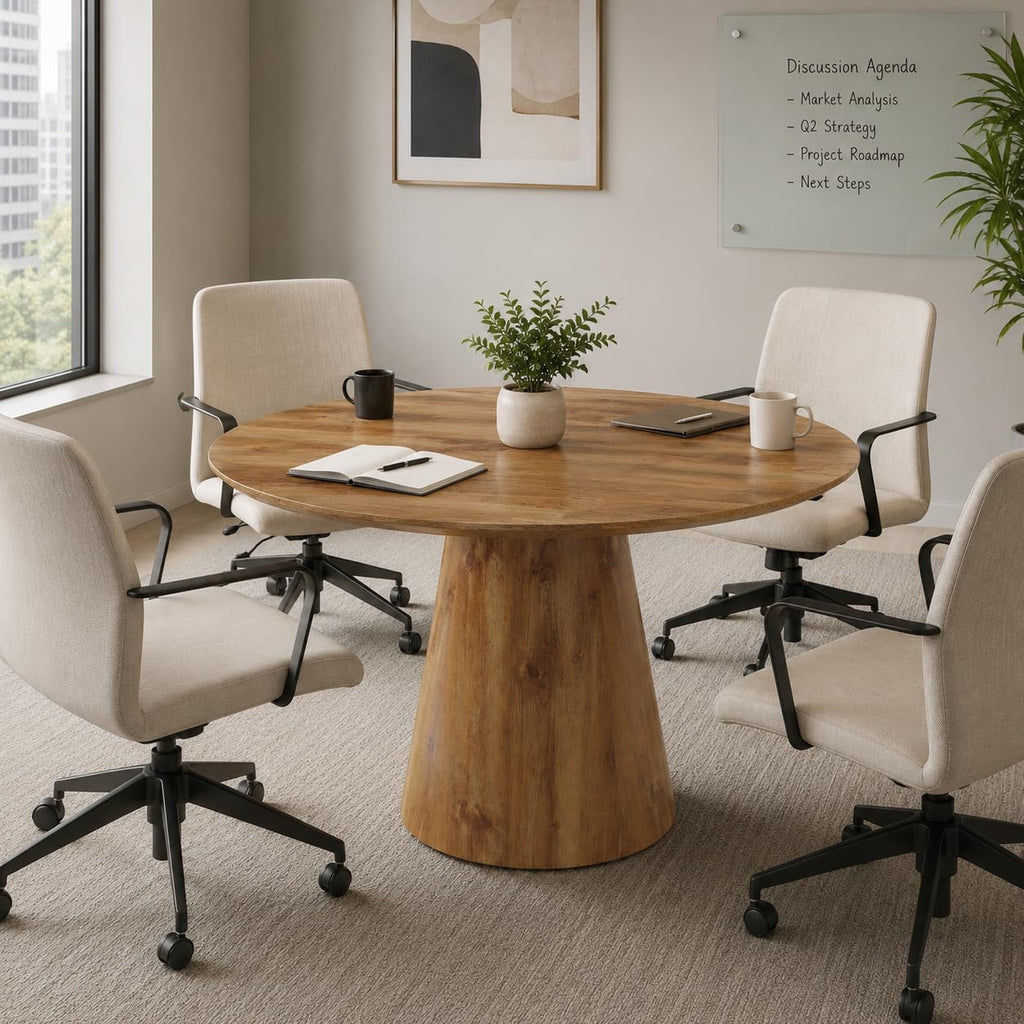 45'' Round Dining Table, Small Round Dining Room Table, One-Piece Tabletop and Stable Pedestal Base, Mid Century Modern Wood Dinner Table for Kitchen Dining Room, Apartment