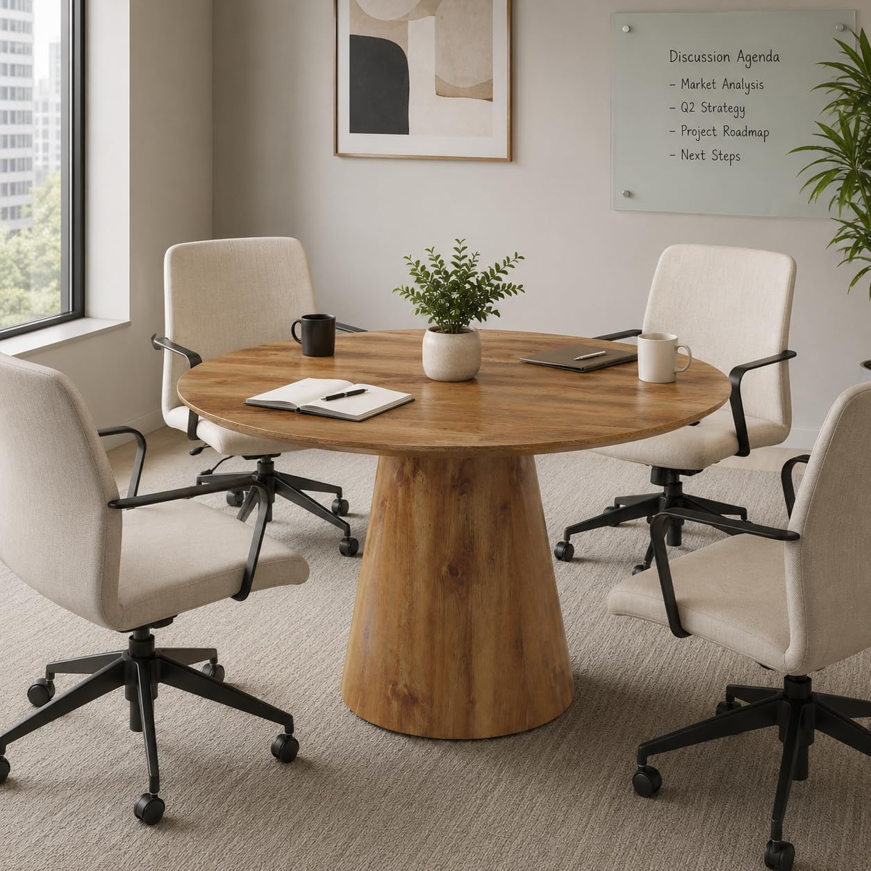 45'' Round Dining Table, Small Round Dining Room Table, One-Piece Tabletop and Stable Pedestal Base, Mid Century Modern Wood Dinner Table for Kitchen Dining Room, Apartment