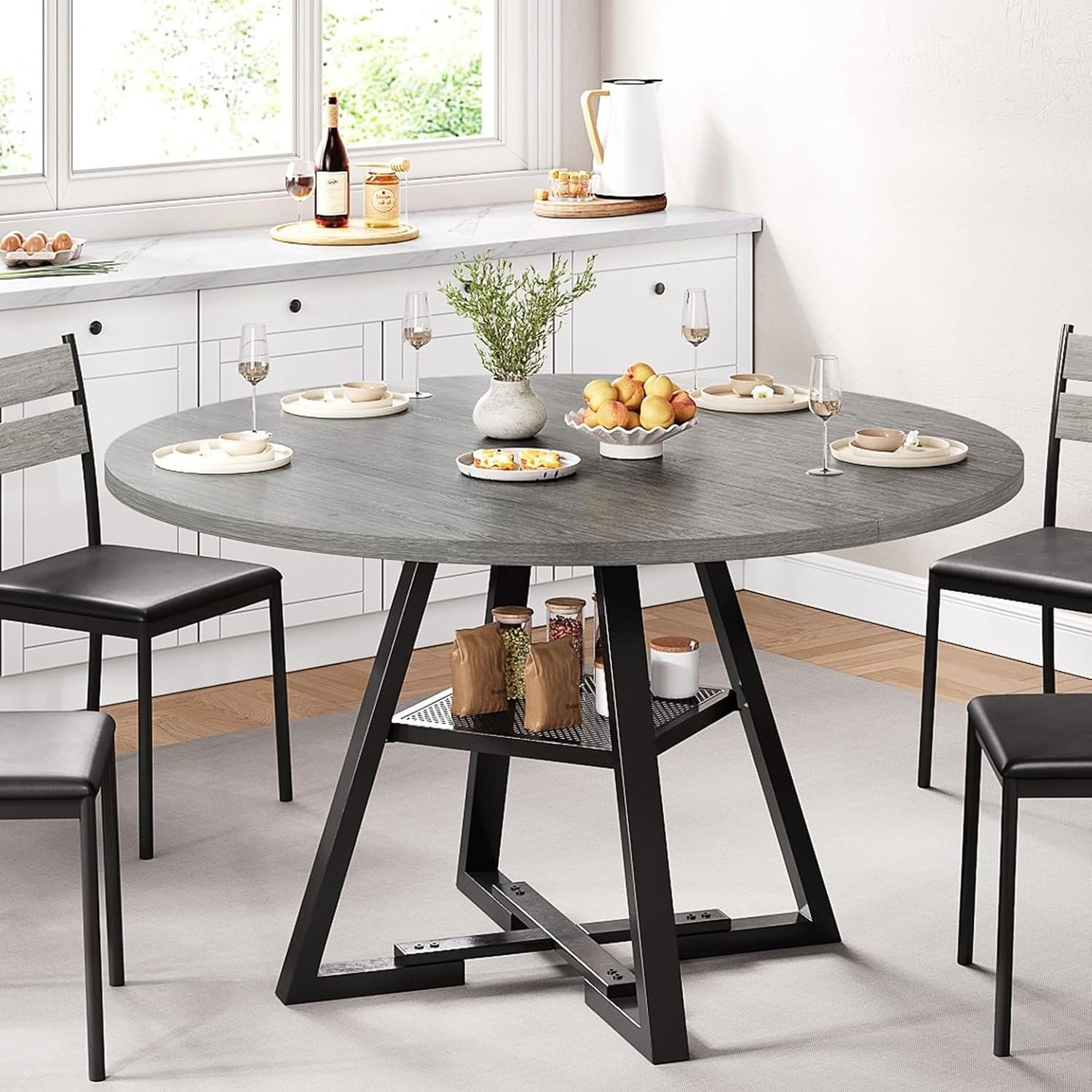 Jocoevol Round Dining Table for 4,Kitchen Dining Room Circle Dinner Pedestal Table,Space Saving Wood Kitchen & Dining Room Furniture (Grey, 47In)