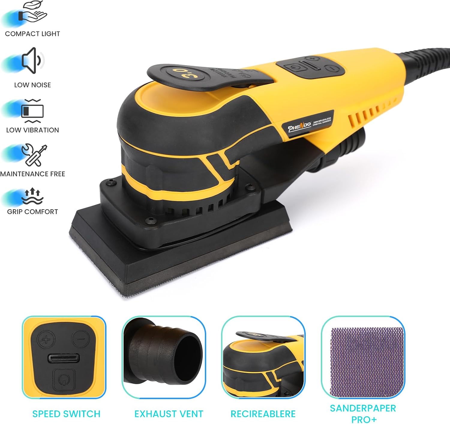 350W 3A Electric Delta Random Orbital Sander Mouse Sander with Pluggable Wire, Sanders for Woodworking, Primary Wood and Panel Processing,3MM