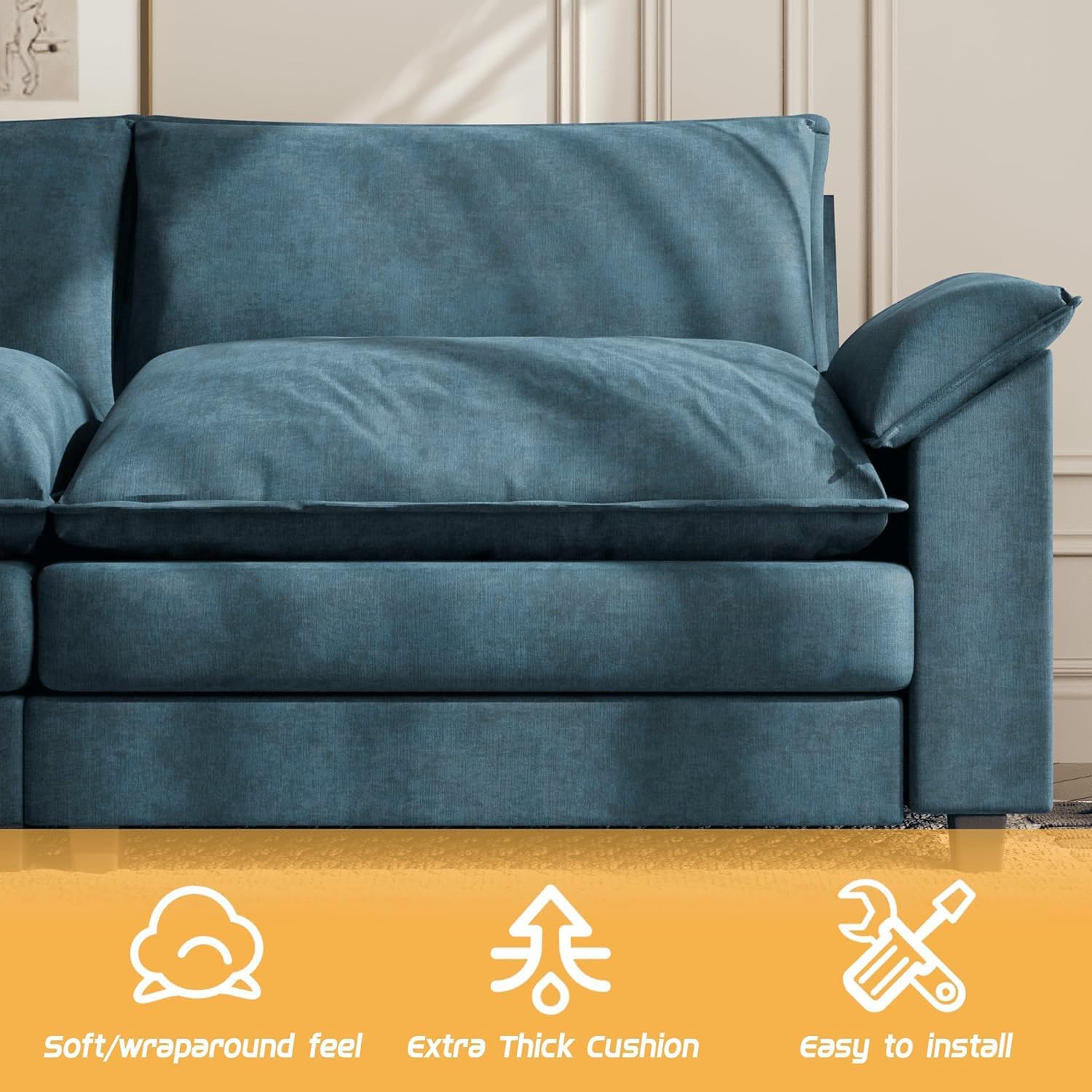 Shahoo Sectional Modular Sofa L Shaped Chenille Fabric Couch with High Supportive & Soft Sponges and Removable Ottoman, Sleeper Comfy Upholstered Furniture for Living Room, Blue