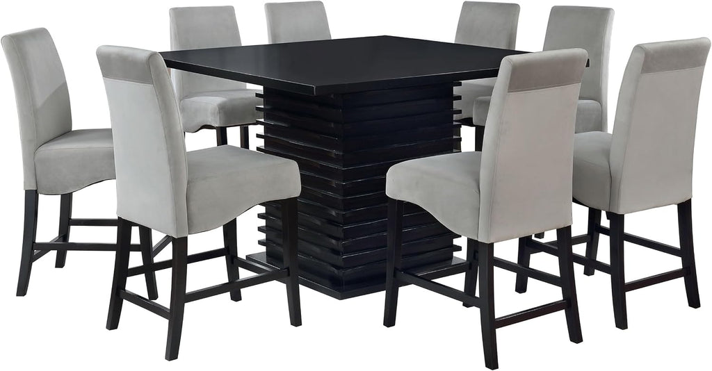 Coaster Home Furnishings - Stanton - 9-Piece Counter Height Dining Set - Square Wood Table with 8 Grey Upholstered Chairs - Dining Room & Kitchen - Black - 102068-S9