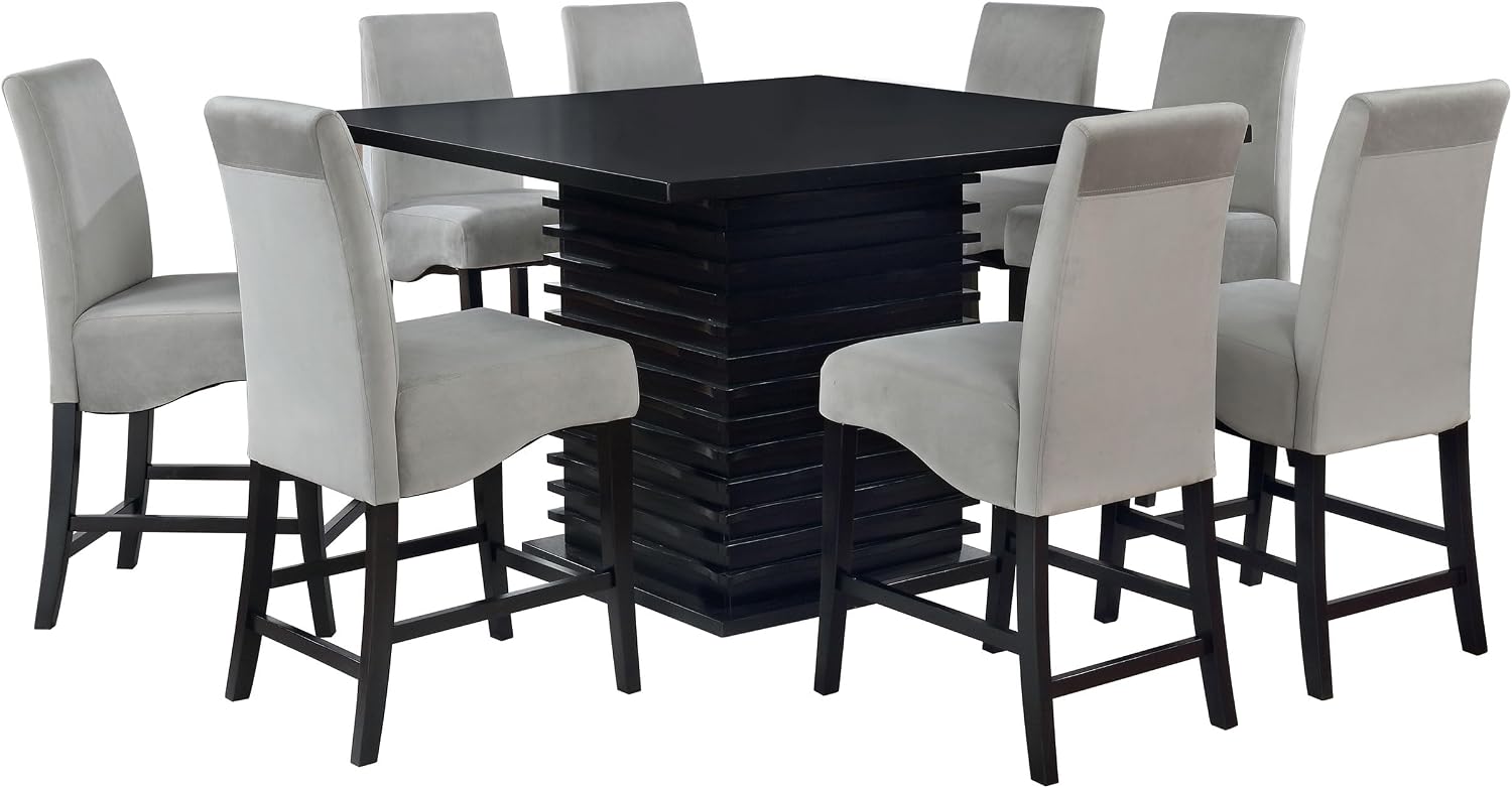 Coaster Home Furnishings - Stanton - 9-Piece Counter Height Dining Set - Square Wood Table with 8 Grey Upholstered Chairs - Dining Room & Kitchen - Black - 102068-S9
