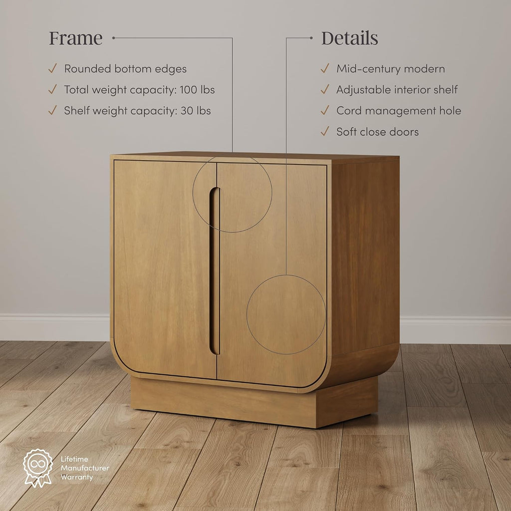 Nathan James Joey Mid Century Modern Storage Cabinet, Arched Accent Cabinet with Rounded Bottom Edges and Integrated Door Pull Cutouts, Light Brown