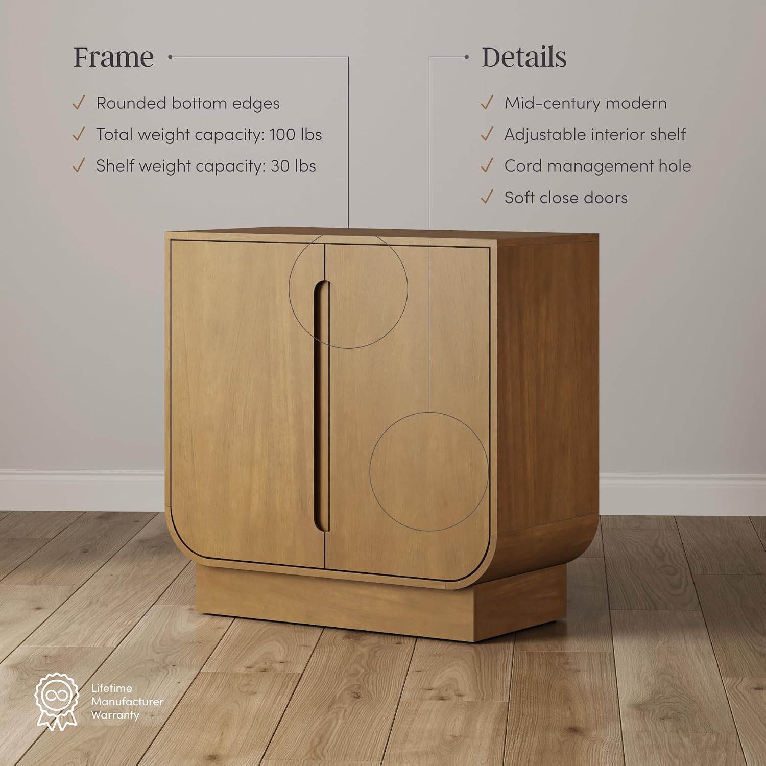 Nathan James Joey Mid Century Modern Storage Cabinet, Arched Accent Cabinet with Rounded Bottom Edges and Integrated Door Pull Cutouts, Light Brown