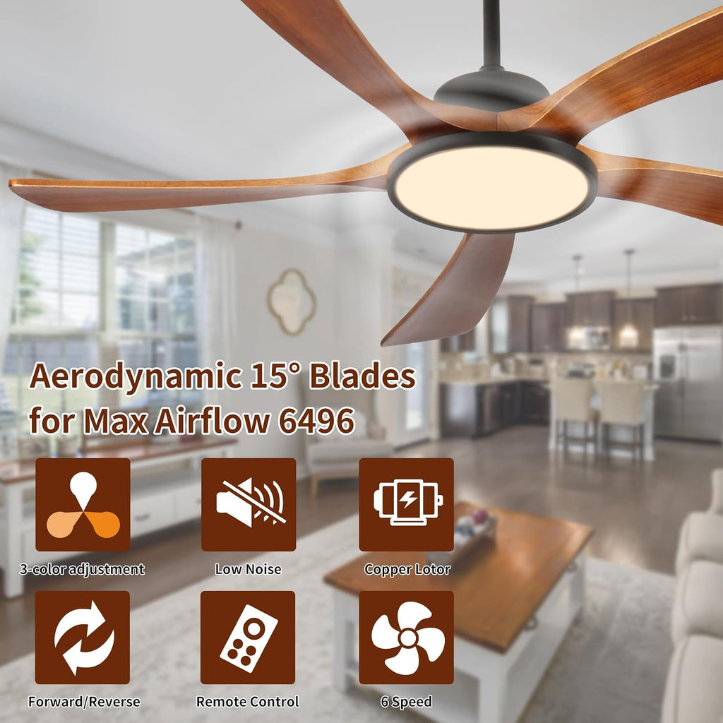 Wood Ceiling Fans with Lights and Remote Control LED Dimmable 52Inch Ceiling Fan DC Motor Reversible 5 Blade Wooden Ceiling Fans for Living Patio Matte Black