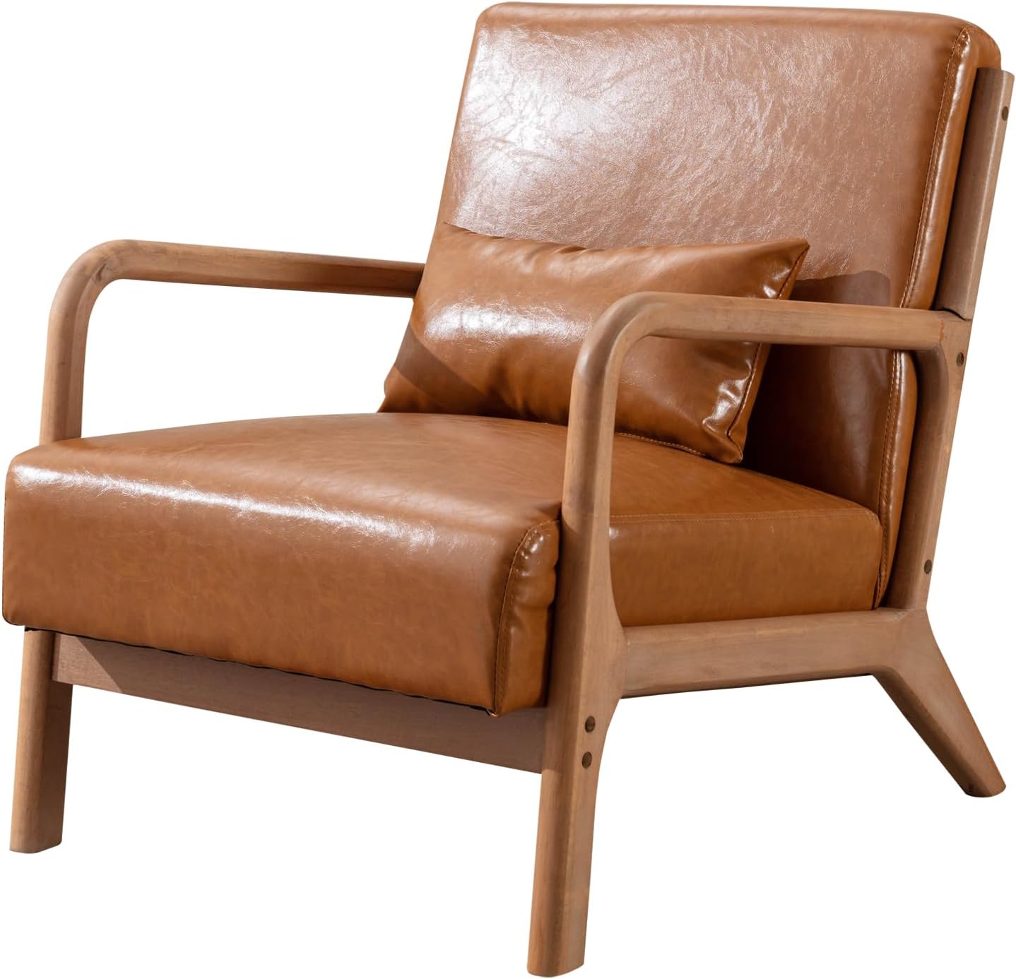 ANJ Mid Century Modern Accent Chair, PU Leather Reading Chair with Solid Wood Frame, Easy Assembly Armchair for Living Room