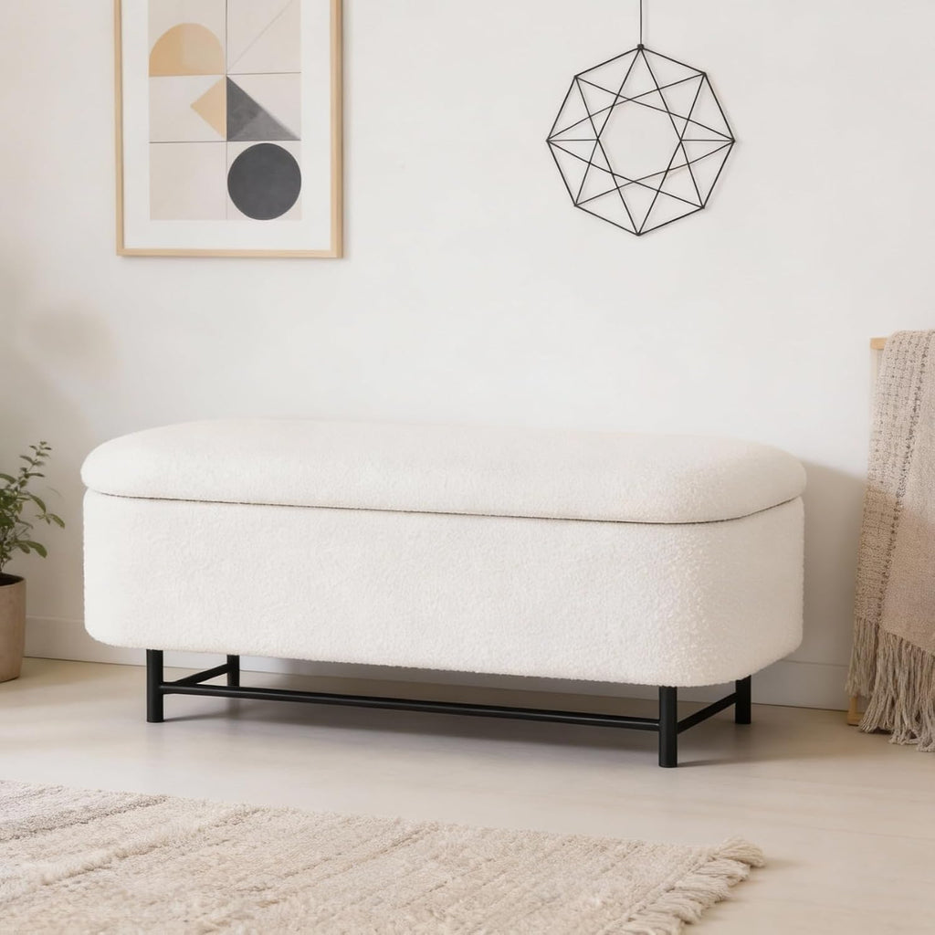 HomePop 46' Ellipse Storage Bench with Metal Legs - Cream Boucle