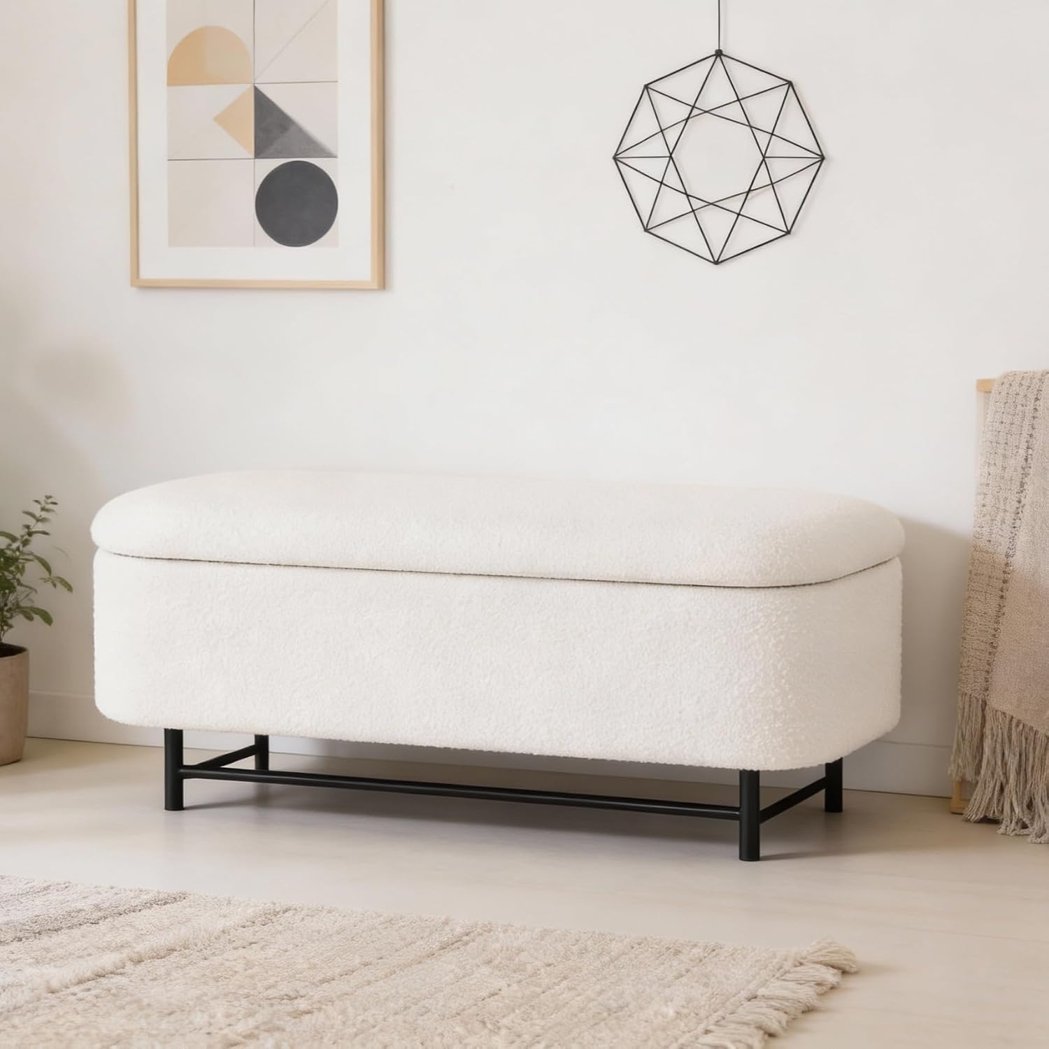 HomePop 46' Ellipse Storage Bench with Metal Legs - Cream Boucle