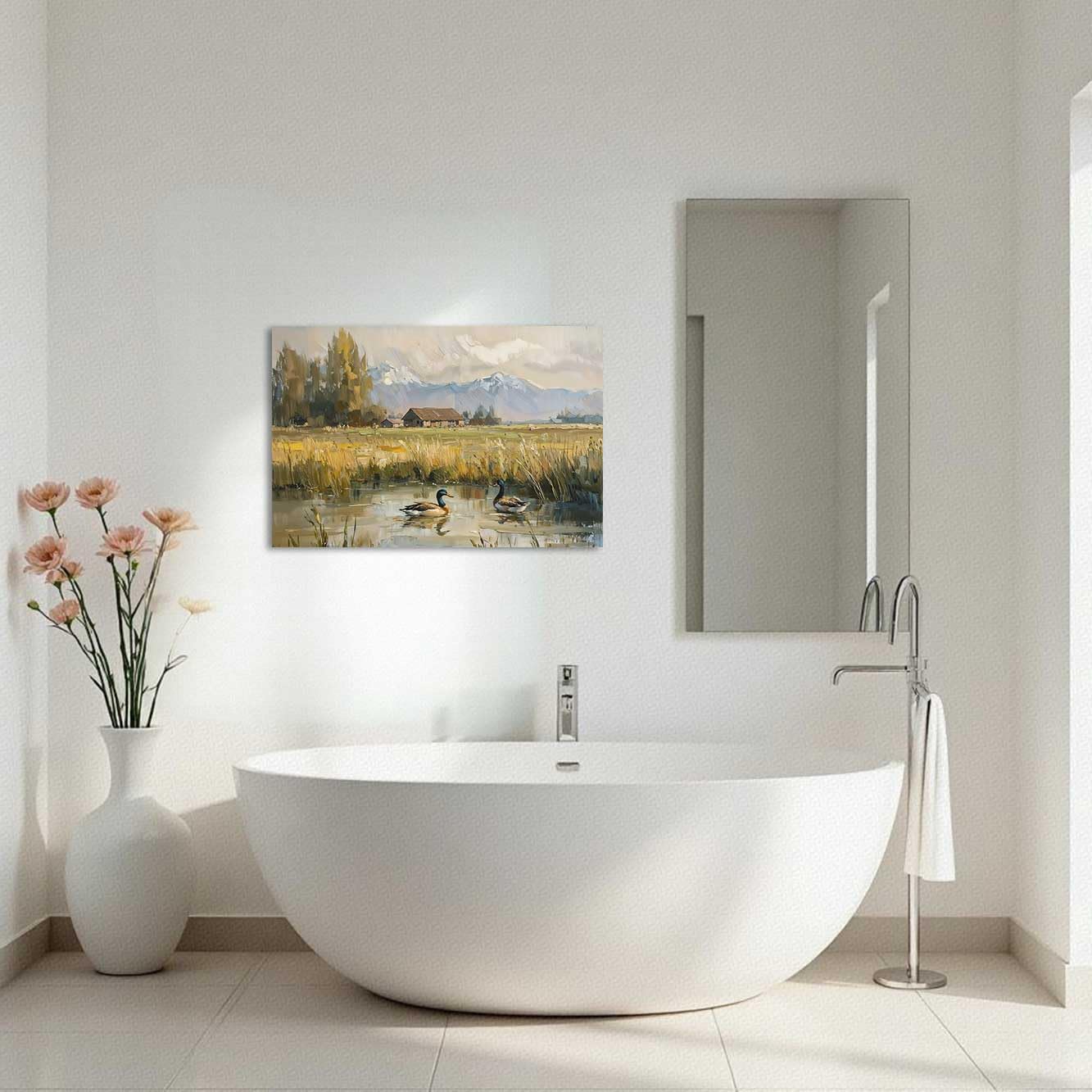 ZXHYWYM Mallard Duck Wall Art Vintage Animal Pictures Farmhouse Countryside Landscape Canvas Painting Duck in Pond Poster Prints Rustic Cabin Wall Decor (28' x 42')