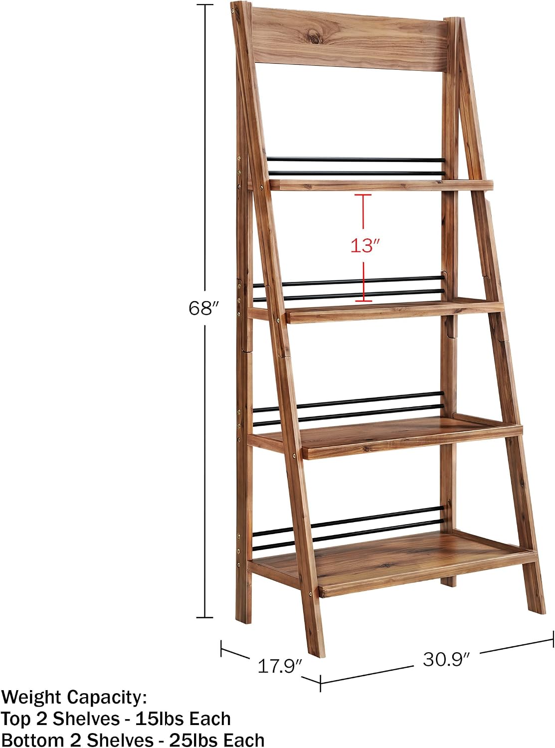 4-Tier Ladder Bookshelf - Freestanding Bookcase with Bar Back Frame - Shelves for Living Room, Kitchen, Bedroom, and Office by Lavish Home (Walnut)
