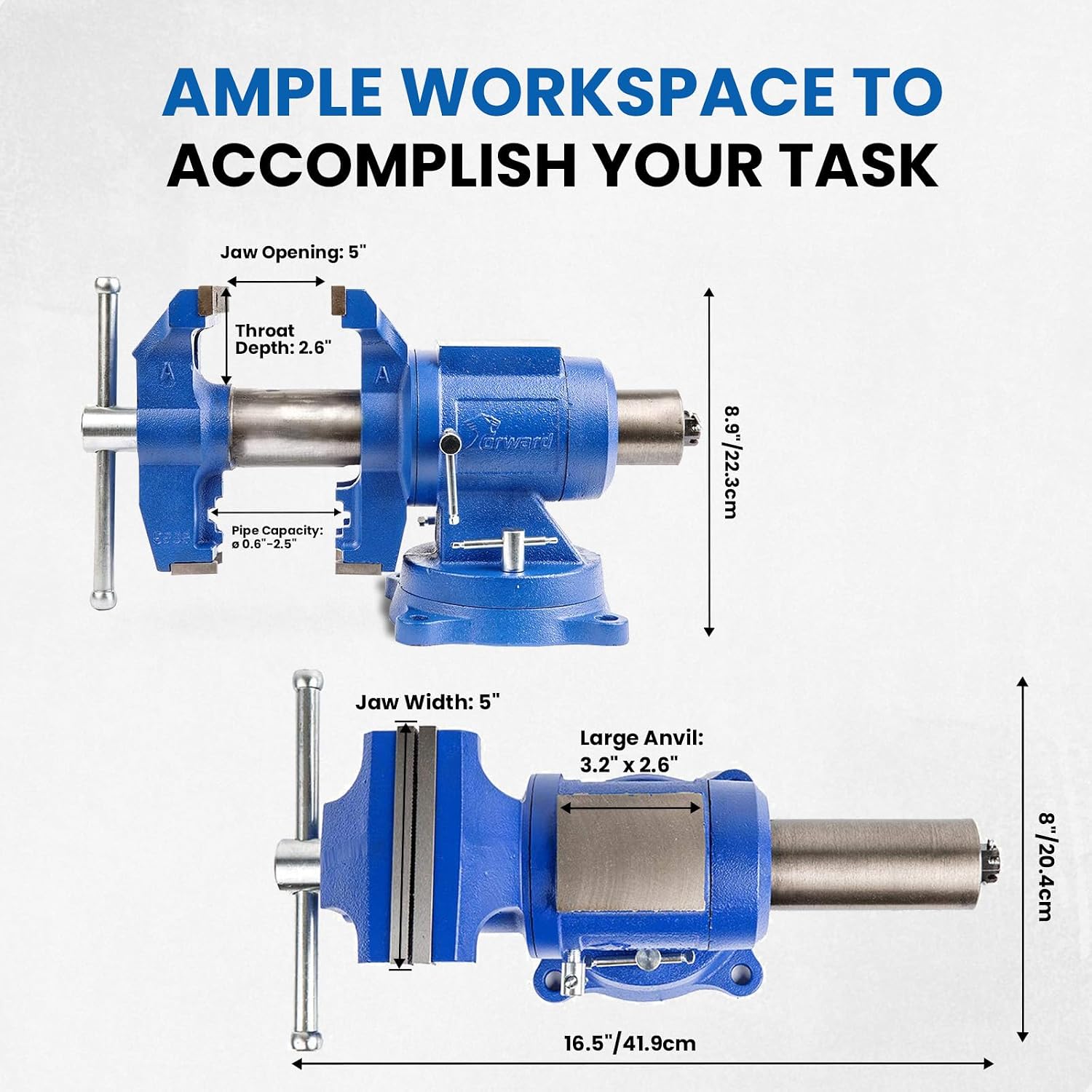 Forward DT08125A 5-Inch Heavy Duty Bench Vise 360-Degree Swivel Base and Head with Anvil (5', Ductile Iron)
