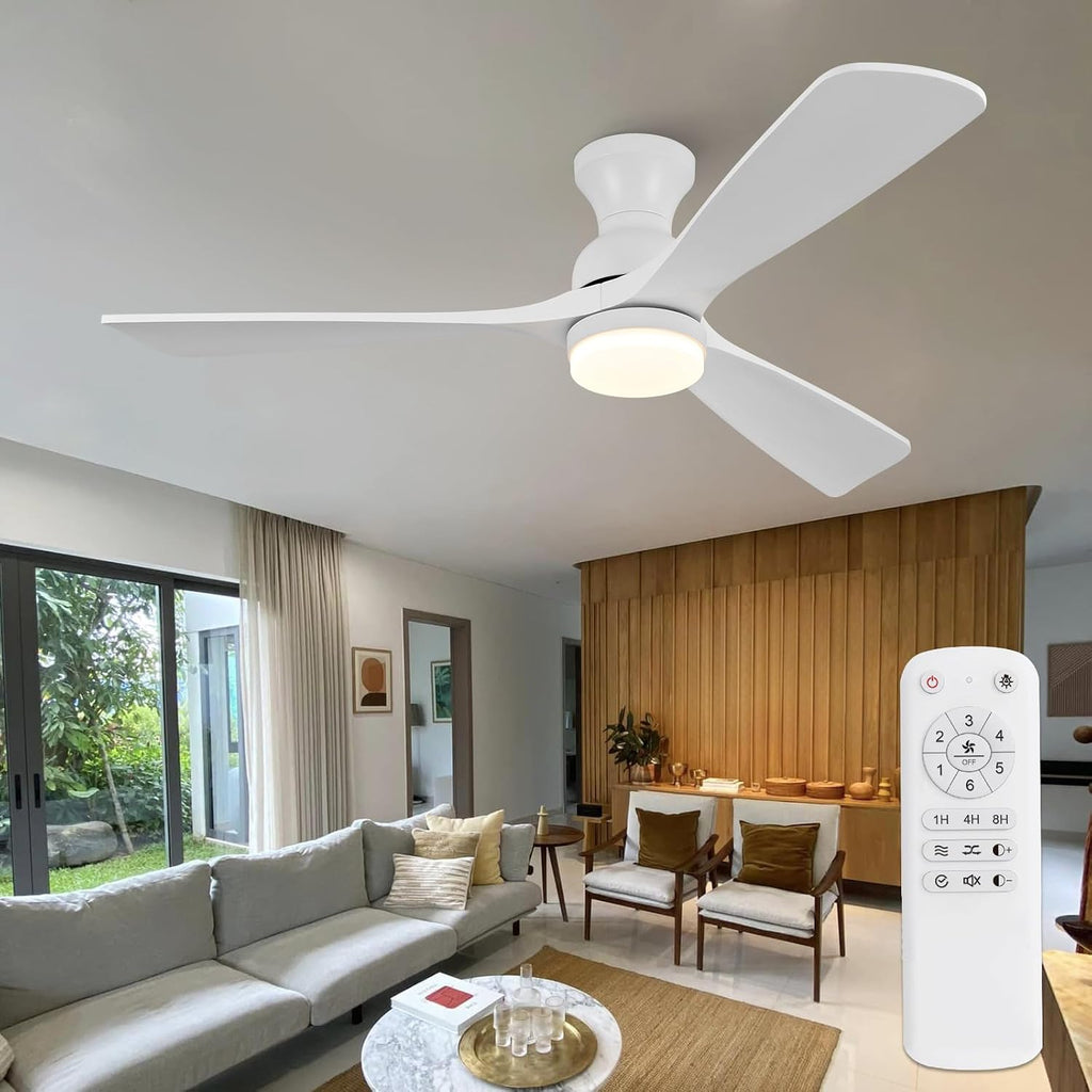 52 Inch Low Profile Ceiling Fan with Light and Remote, Dimmable, Quiet 6 Speeds DC Motor Wood Flush Mount Ceiling Fan, Hugger Ceiling Fans with Lights, Indoor Outdoor White Ceiling Fan