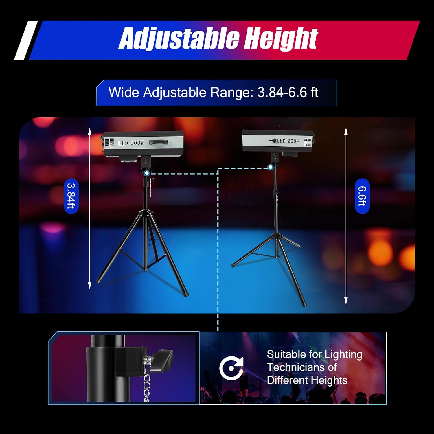200W Professional Stage Spotlight with Adjustable Height Tripod Stand, 6 Colors 3 Color Temperatures 3200K-6000K, Adjustable Focus Follow Spot Light for Weddings, DJ, Theater & Event