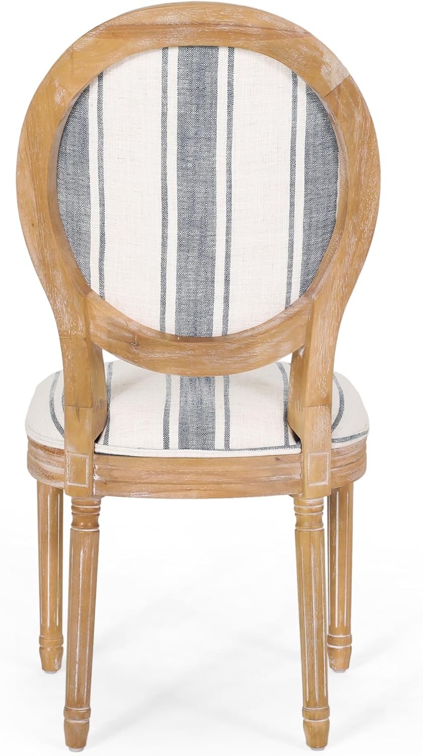 Christopher Knight Home Phinnaeus Dining Chair Set, Set of 4, Wood, Dark Blue Stripes + Light Beige + Natural