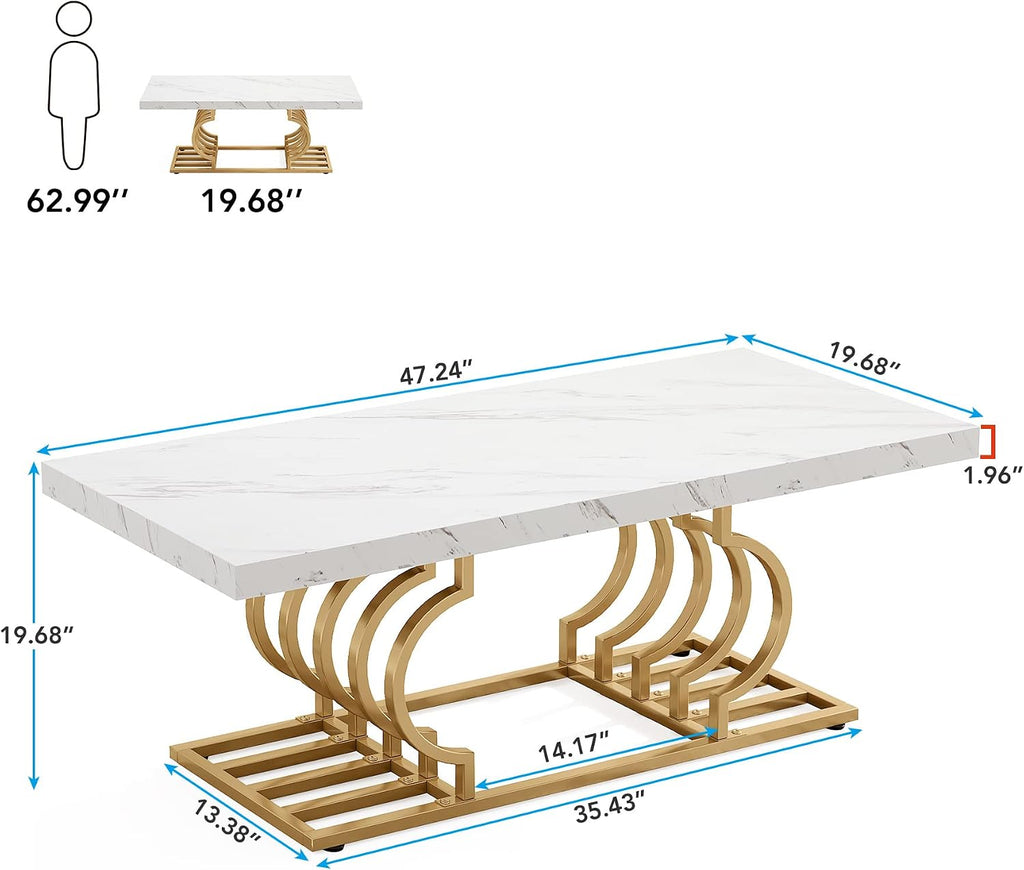 LITTLE TREE 47 Inch Modern Coffee Table, Faux Marble Cocktail Table Center Table Tea Table Accent Furniture for Living Room, White/Gold