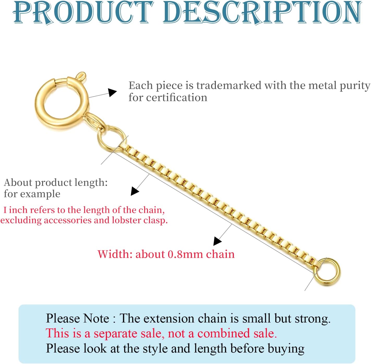 10k 14k Real Gold 1'/1.5'/2'/2.5'/3'/4'/5' Necklace Extender, Necklace Bracelet Extender Chain, Durable Gold Extender Chain, Adjustable Extension Chain for Necklace Bracelet Anklet