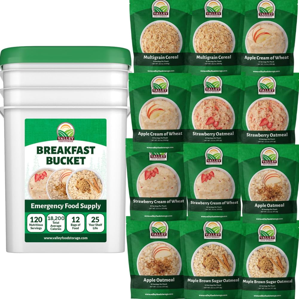 Valley Food Storage 120 Serving Breakfast Bucket | Emergency Food Supply with Easy Prep Breakfast Meals | 25 Year Shelf Life | Camping Food, Prepper Supplies & Long Term Storage | Packaged in USA