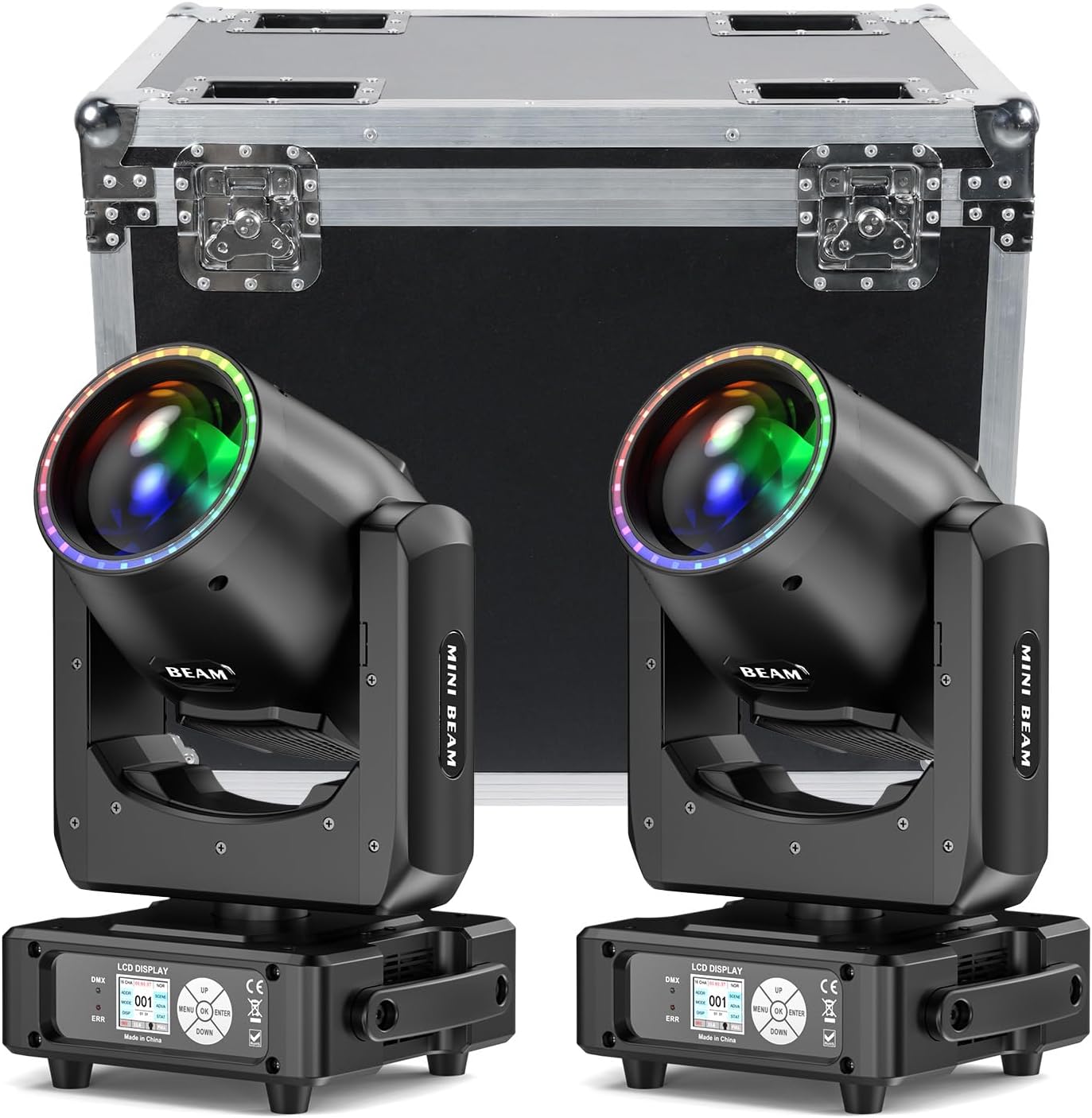 230W 7R Dj Lights Moving Head (2-Pack) with Flight Case,48-Facet Prism 14 Gobos 14 Colors, Prisms/Wash/Beam/Frost/Rainbow 2.3° Beam Angle 18CH DMX512 Sound Activated