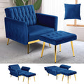 Velvet Accent Chair with Adjustable Armrests and Backrest, Button Tufted Lounge Chair, Single Recliner Armchair with Ottoman and Pillow for Living Room, Bedroom, Blue