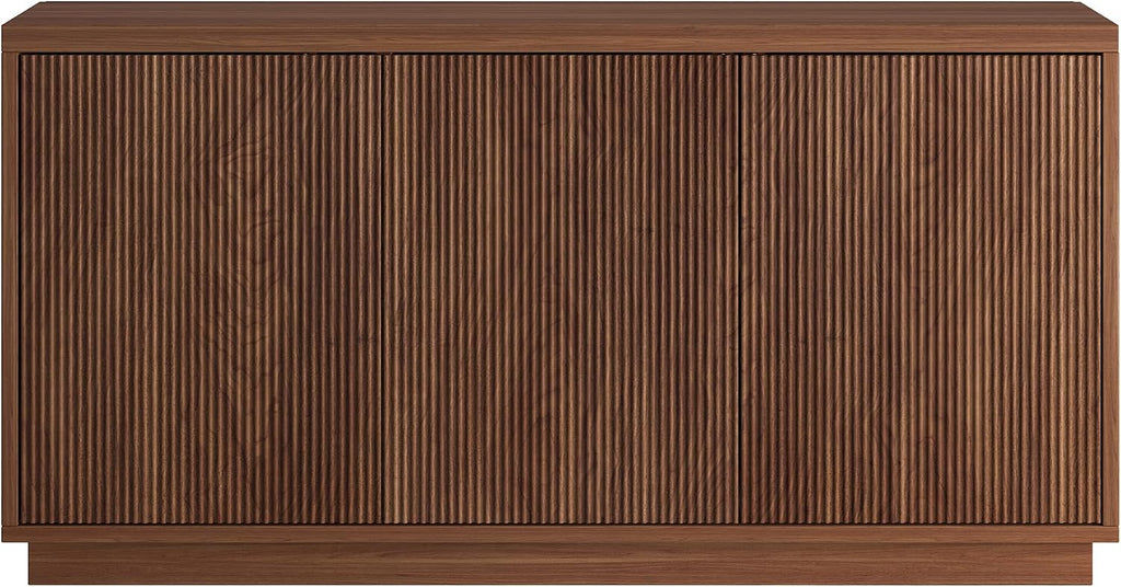Henn&Hart Fluted TV Stand for TVs up to 55'' with 3 Swing Out Ribbed Doors and Adjustable Shelves for Living Room, Family Room, or Office, Medium Walnut