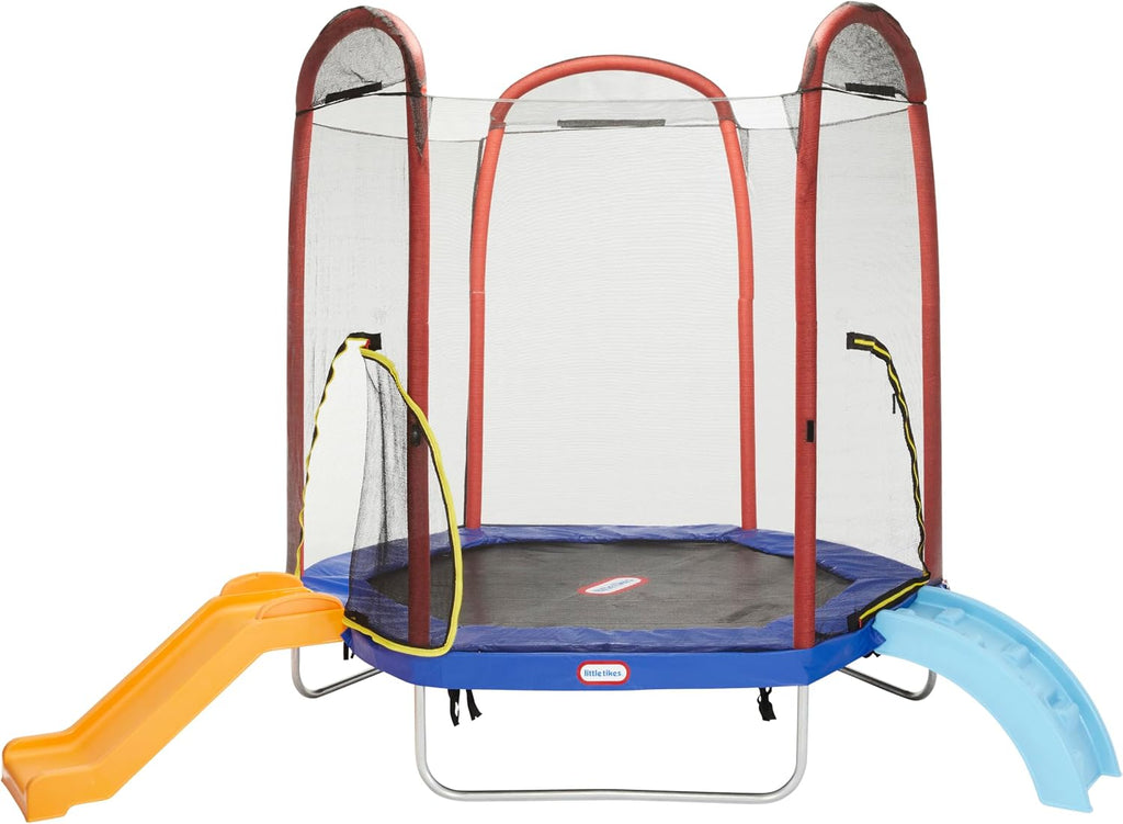 Little Tikes Climb 'n Slide 7ft Trampoline Outdoor, Ages 3-10 with Slide and Climbing Steps, Boys and Girls, Attached Shoe Holder