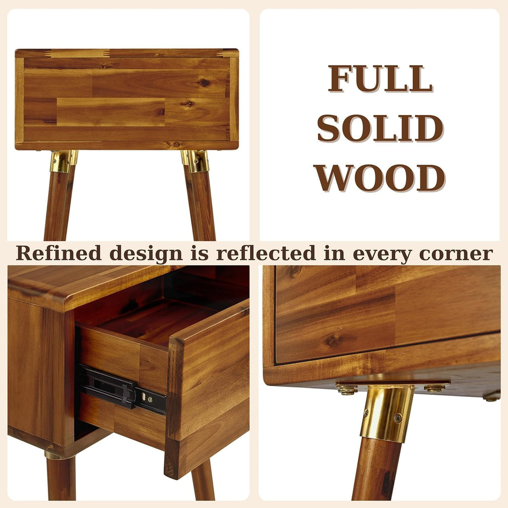 Bme Caden Solid Wood Nightstand/Side Table/End Table, Fully Assembled, with 1-Drawer for Mid Century Bedroom and Living Room, Caramel