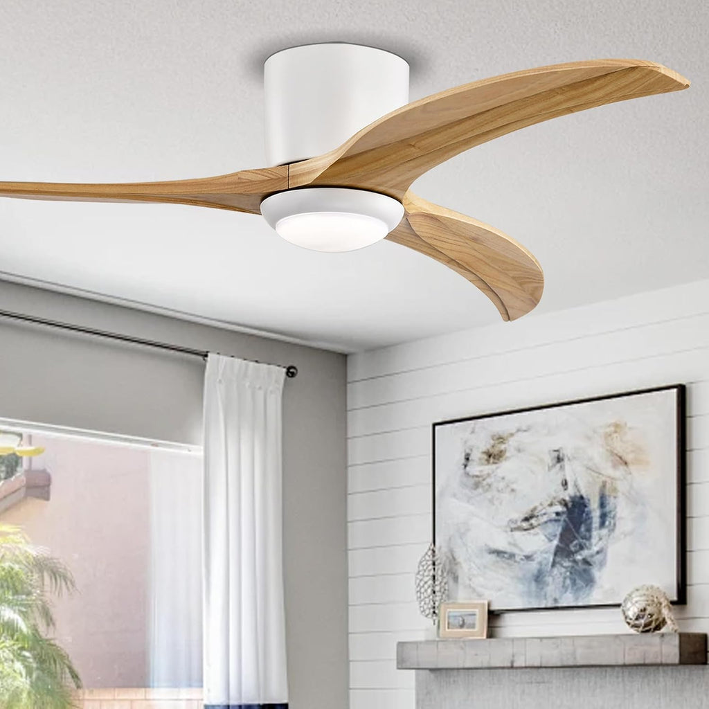 52'' Modern Dimmable Fandelier with Light and Remote, Low Profile Flush Mount Ceiling Fan Wooden Chandelier Fan Reversible DC Motor Ceiling Fans for Bedroom Living Room (White)