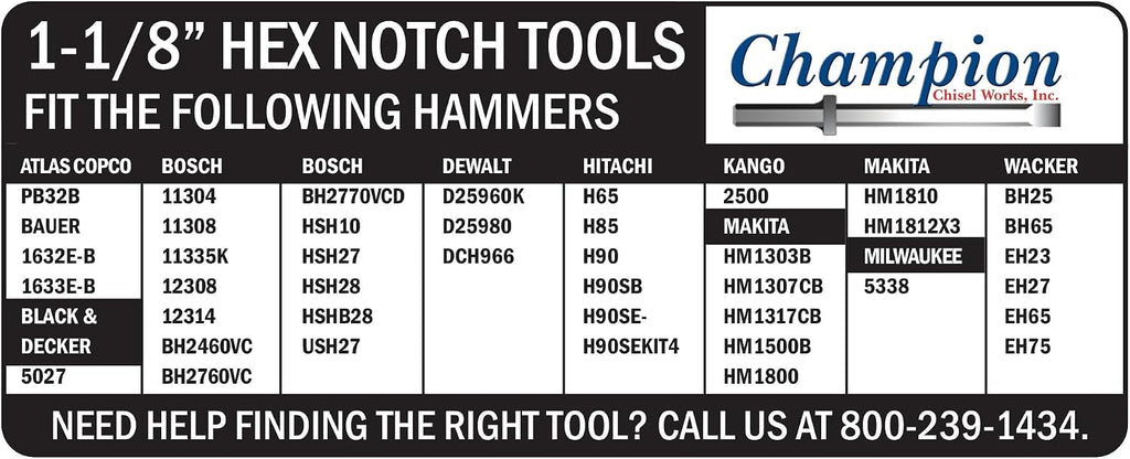 Champion Chisel 1-1/8 by 6-Inch Hex Shank w/notch, Steel Bushing Tool, 16 Steel Teeth - Designed for 1-1/8' Hex Notch Demolition Jack Hammers - Great for Removing Uneven Concrete