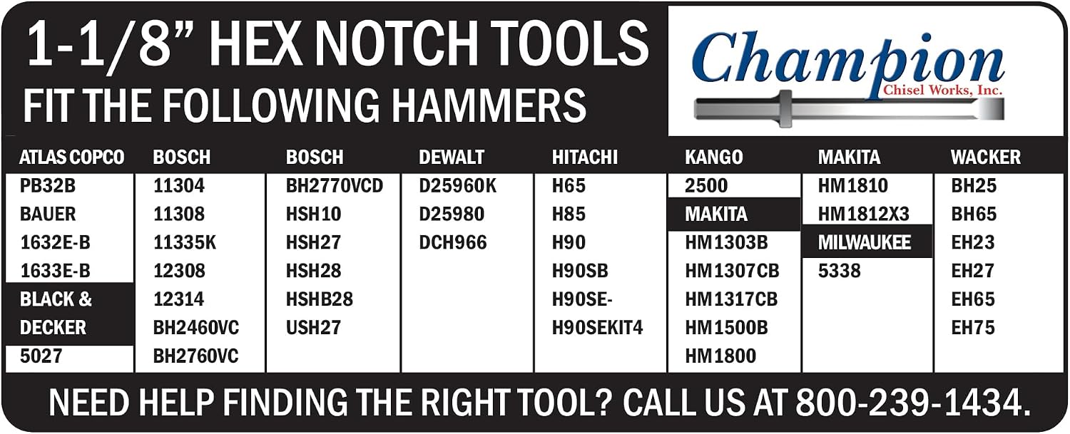 Champion Chisel 1-1/8 by 6-Inch Hex Shank w/notch, Steel Bushing Tool, 16 Steel Teeth - Designed for 1-1/8' Hex Notch Demolition Jack Hammers - Great for Removing Uneven Concrete