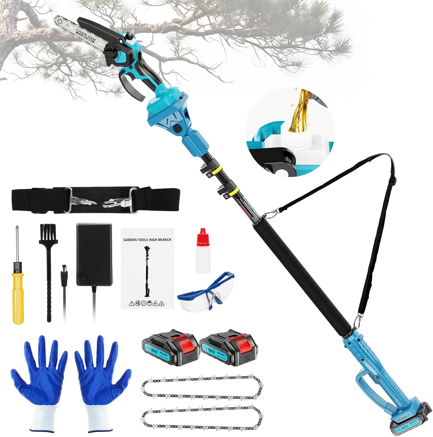Pole Saws for Tree Trimming, 2-in-1 Pole Saw＆6 Inch Mini Chainsaw,with Extension,Fathers Day Dad Gifts for Men,Electric Pole Saw Used for Wood Cutting and High-Branch Pruning,2x2.0Ah Batteries