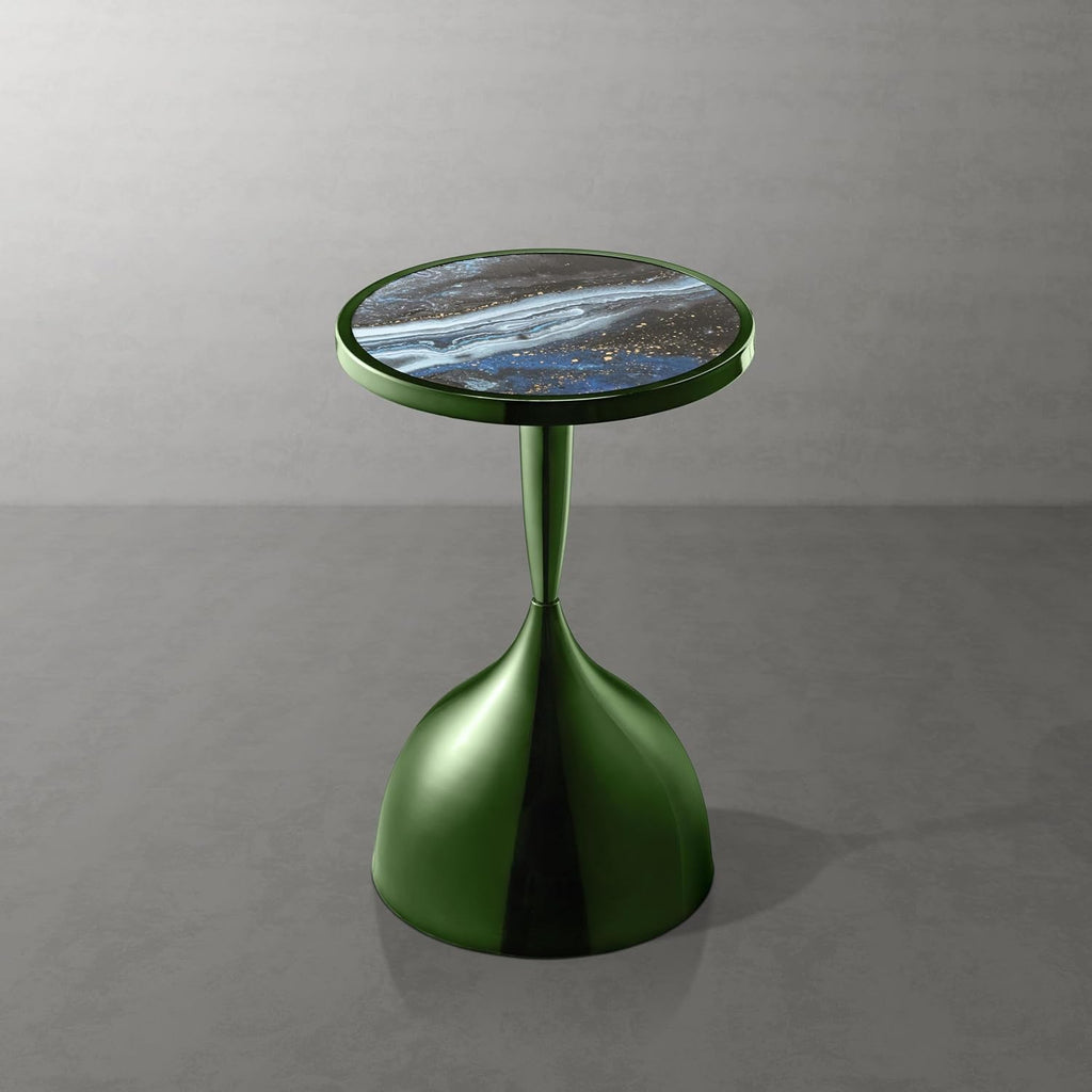 Homes: Inside + Out Halric Modern 24' Tall Round End Table with Decorated Tabletop and Iron Metal Base, Accent Furniture, Elegant Pedestal Stand for Living Room, Home Office, Chrome Green